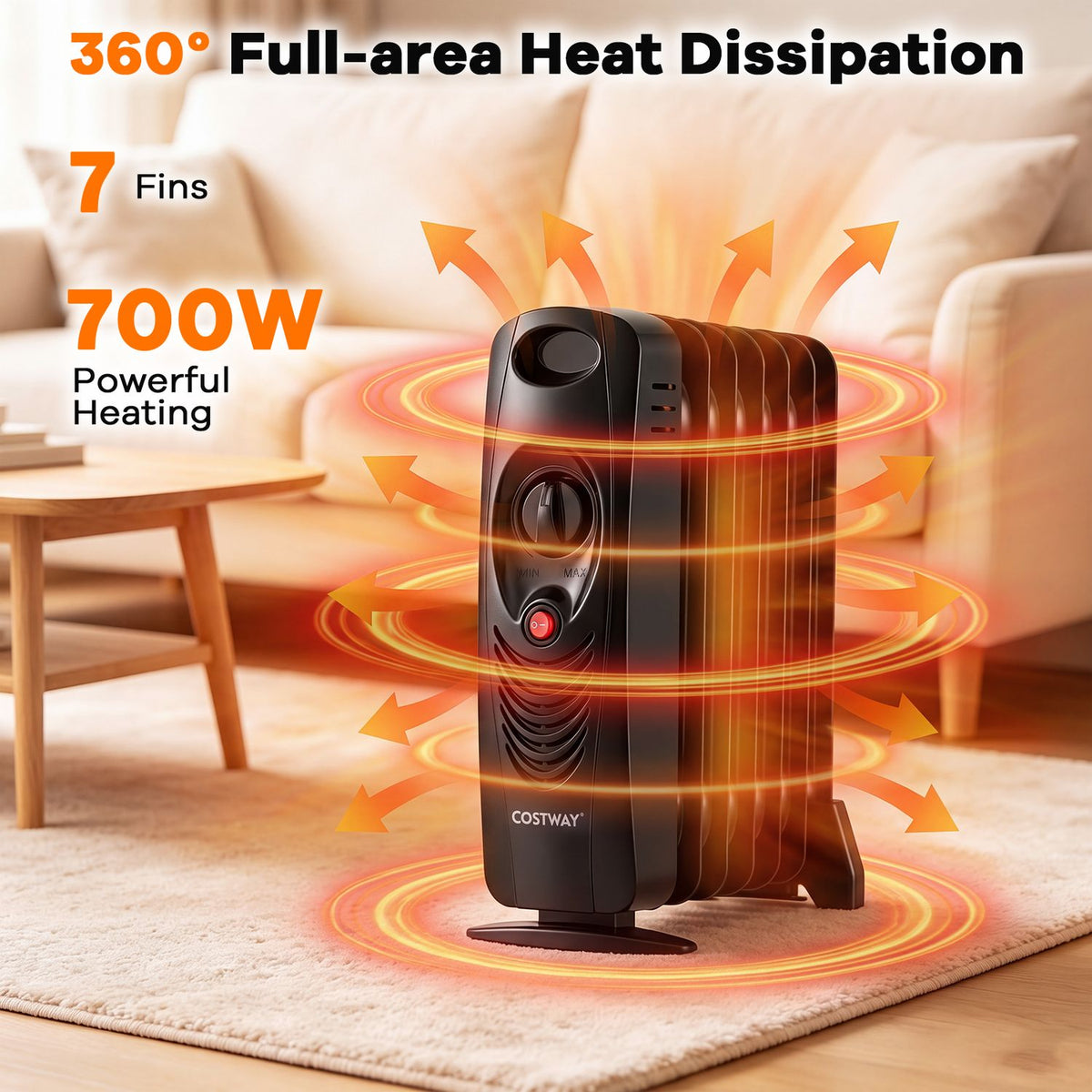 Black radiator heater shown with graphics highlighting fins and heat circulation