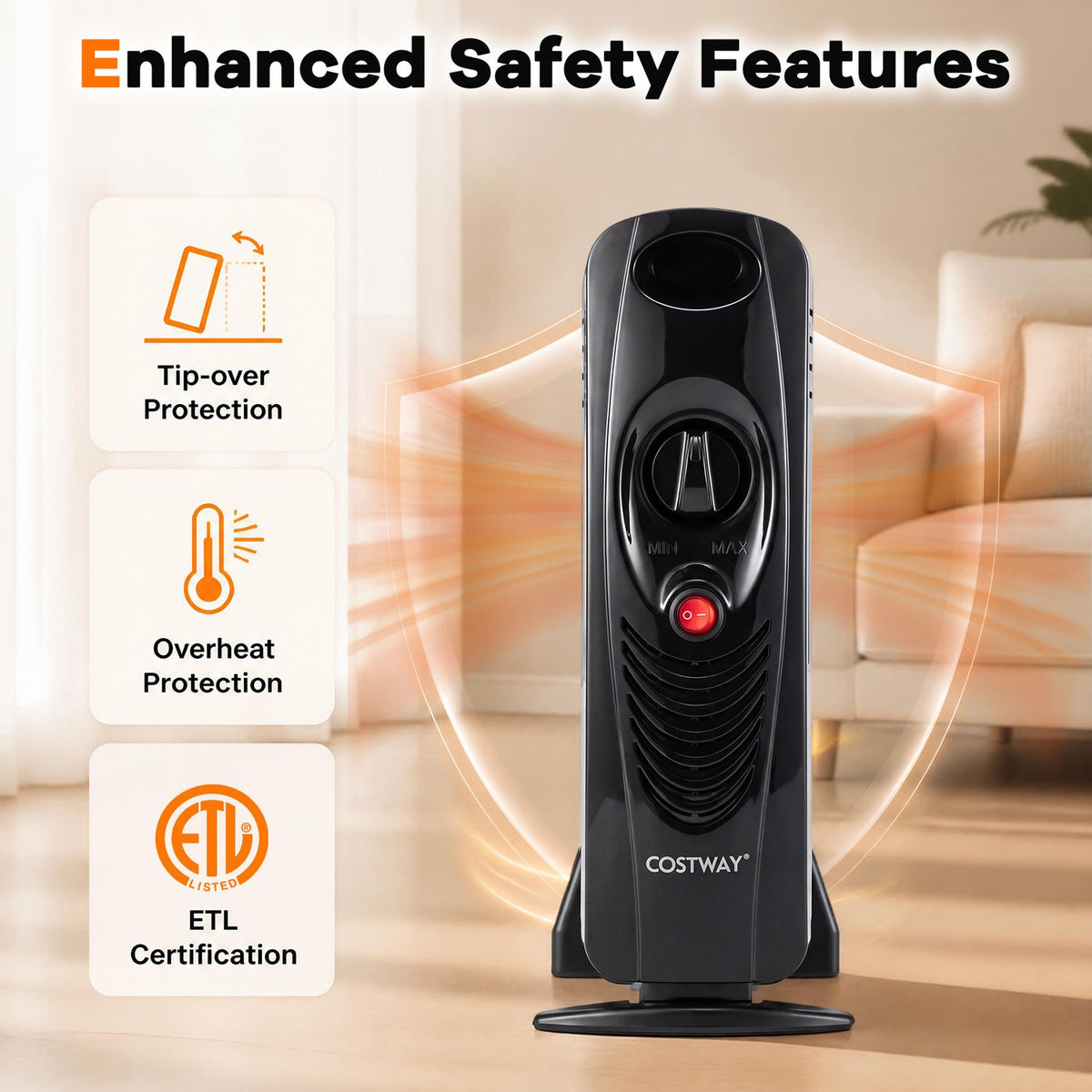Front view of the heater beside icons illustrating tip-over and overheat protection.