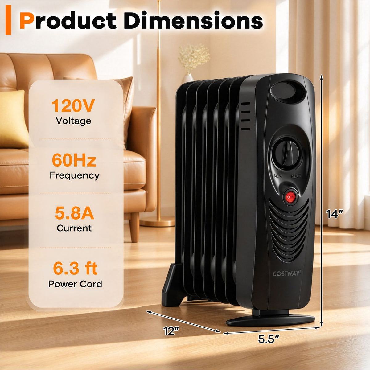 Black radiator heater shown with dimension and electrical specification graphics