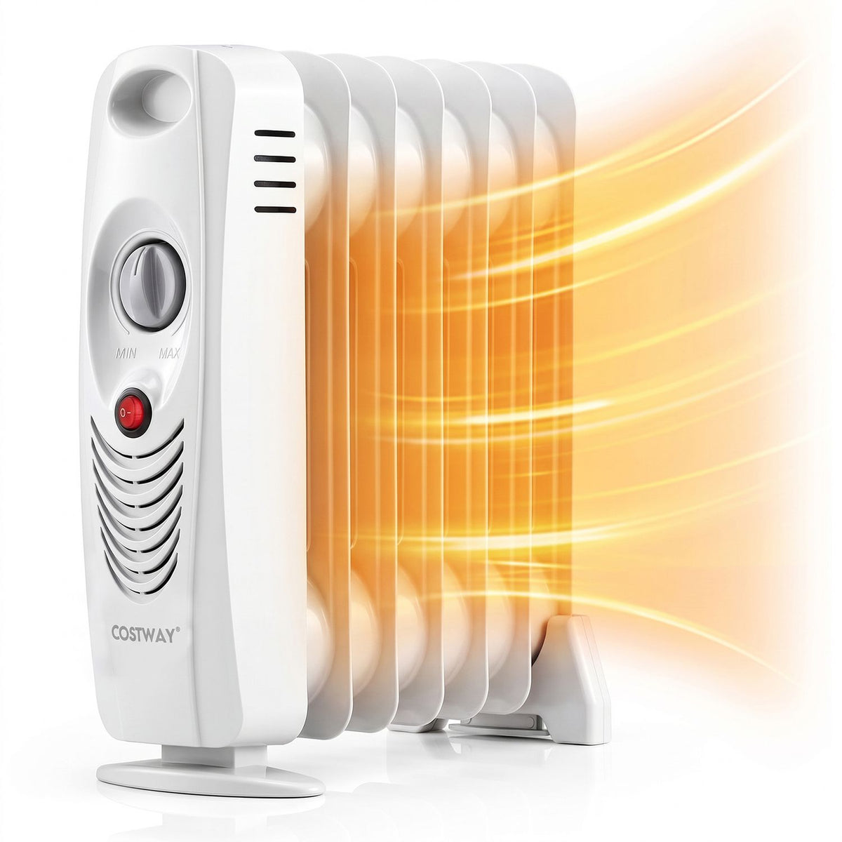 Close view of a white finned radiator heater with front controls and illustrated heat waves.