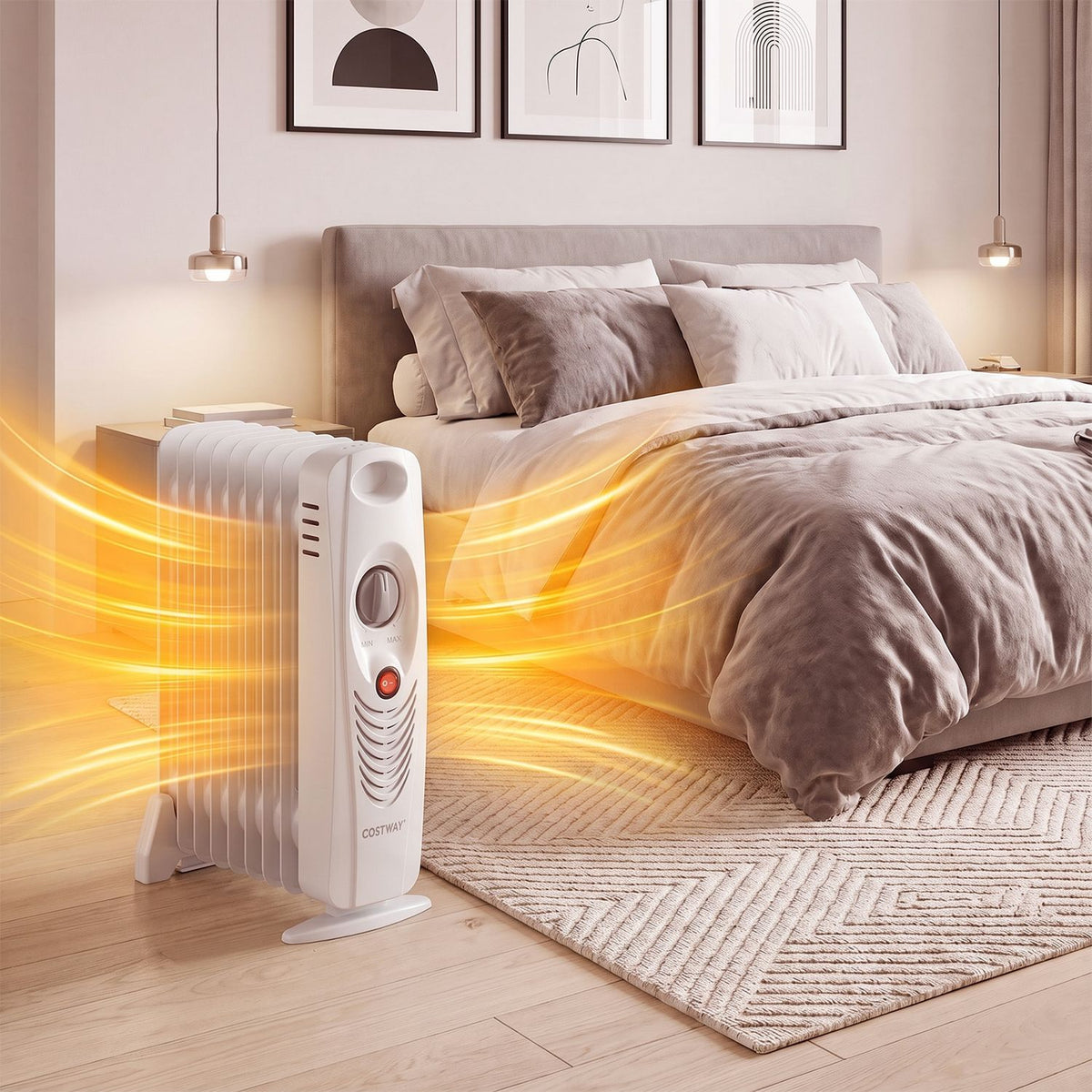 A white oil-filled radiator stands beside a bed, with glowing orange heat waves illustrated across the room.