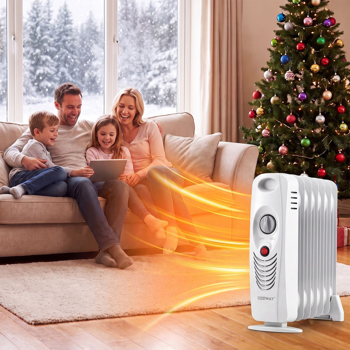 A white radiator heater stands by a sofa as a family gathers near a decorated Christmas tree.