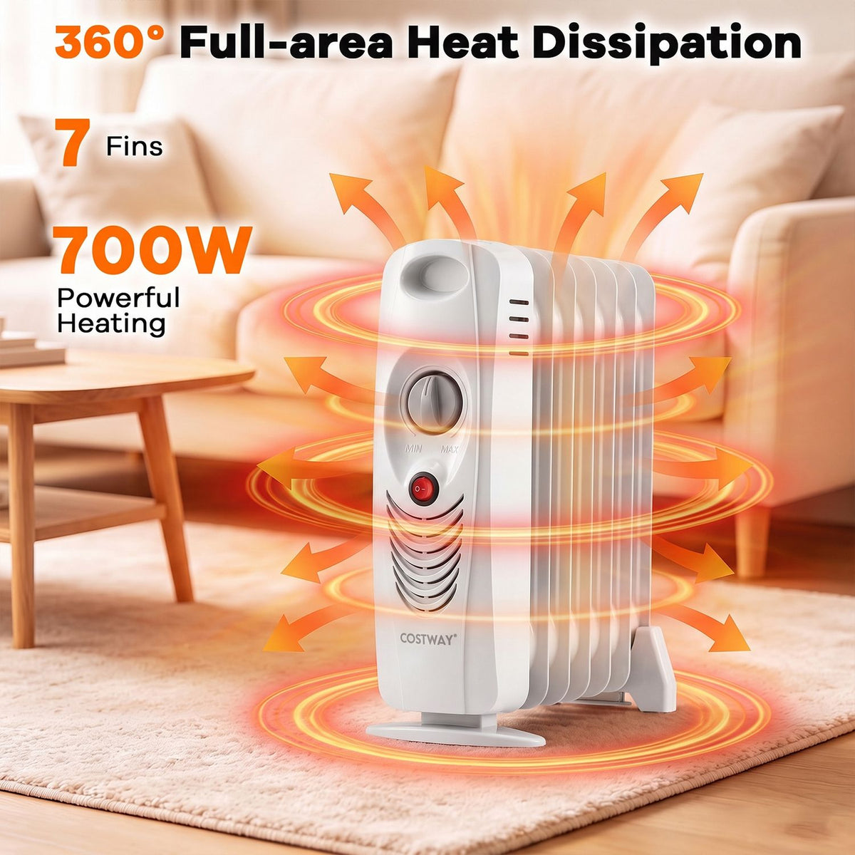 White finned radiator heater on a rug, surrounded by orange heat-wave graphics.