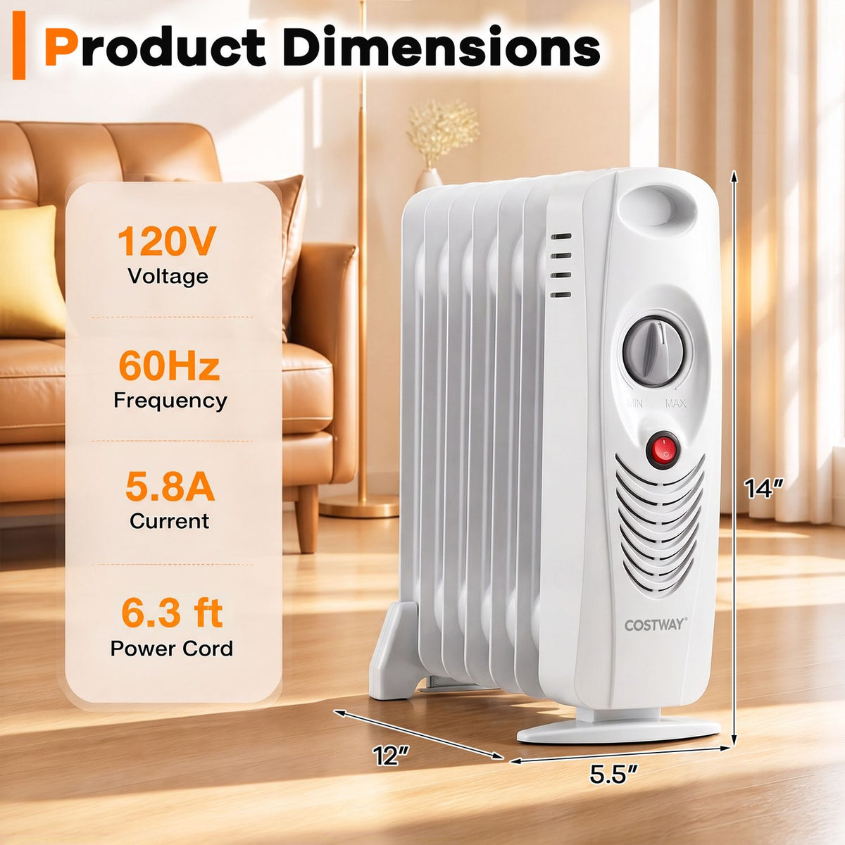 A white radiator heater is shown with measurement arrows beside it in a furnished room.