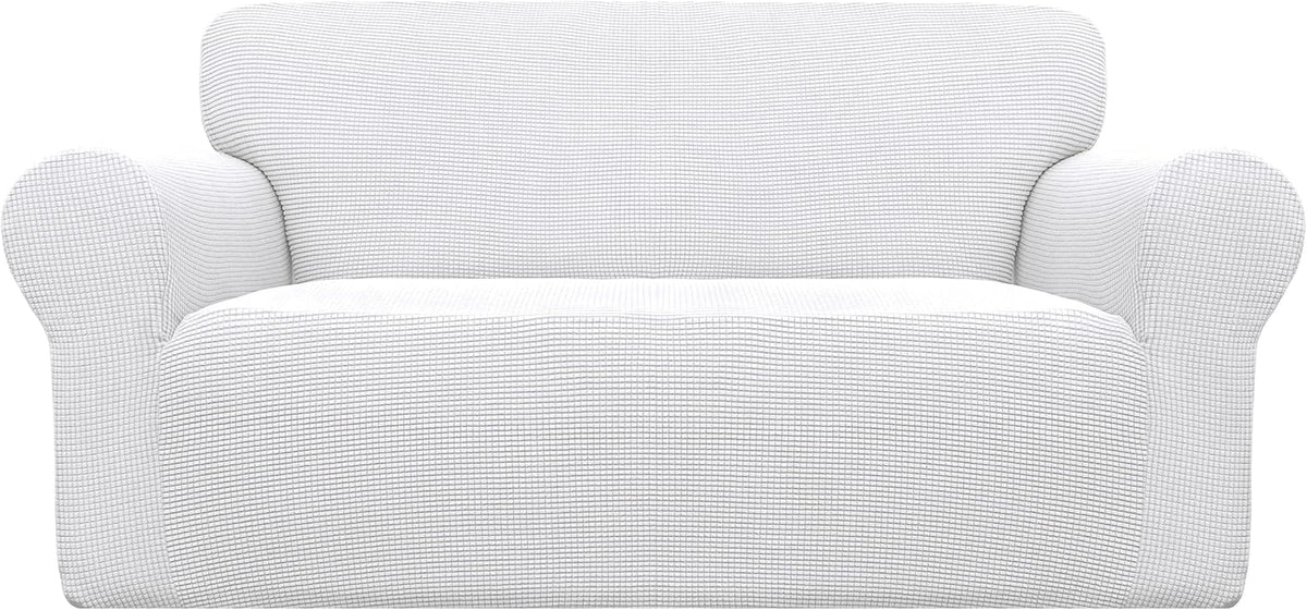High-key front mockup of a white textured loveseat cover isolated on white background