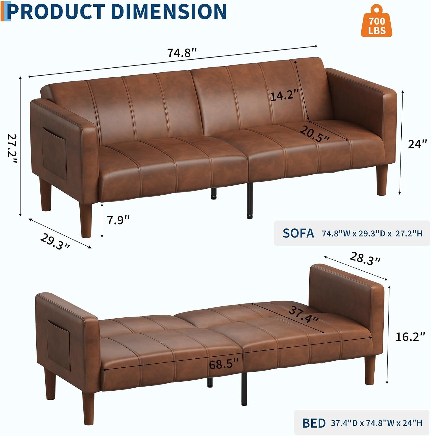 Diagram with dimensions showing 74.8–75 inch width and 29.3 inch depth for the futon