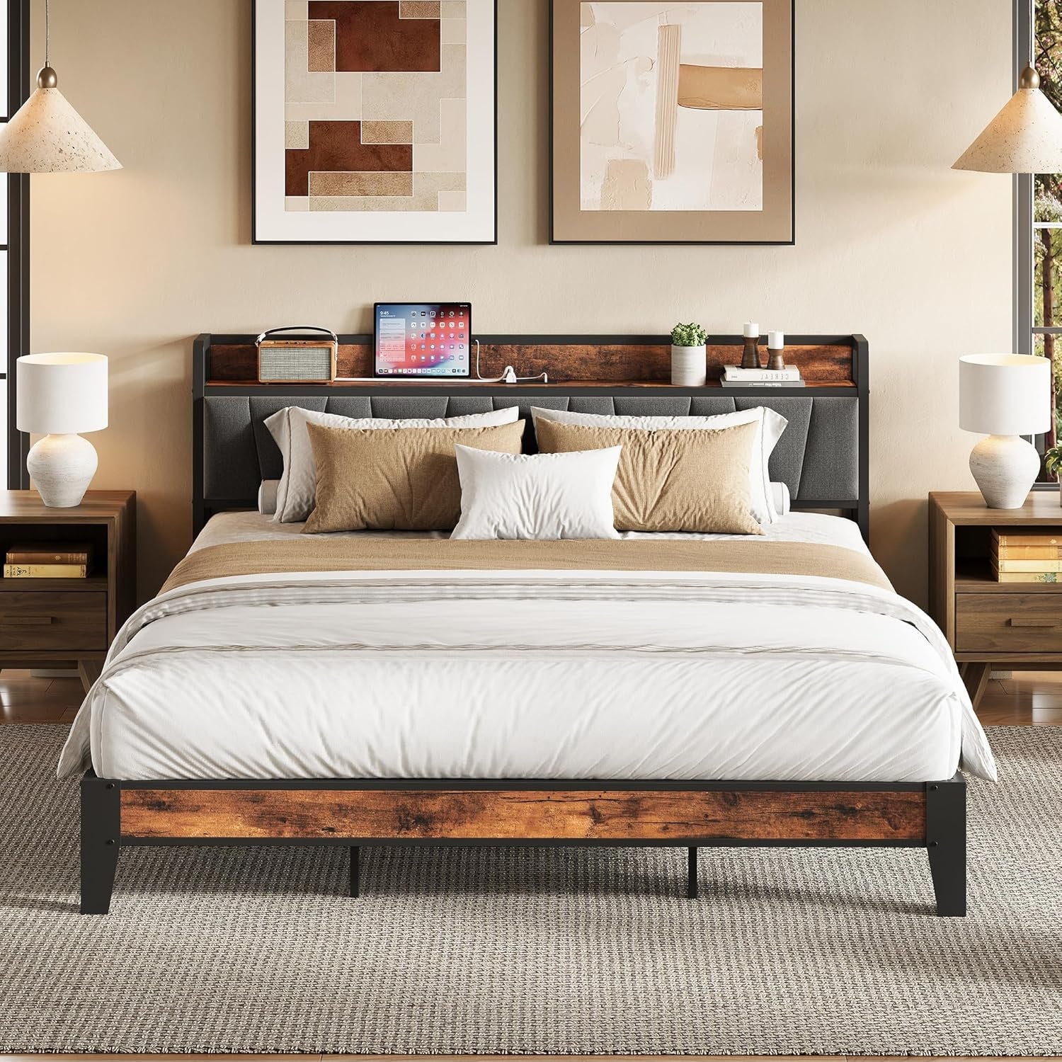 Styled bedroom front view of the platform bed with bedding, matching nightstands, and wood-look footboard trim