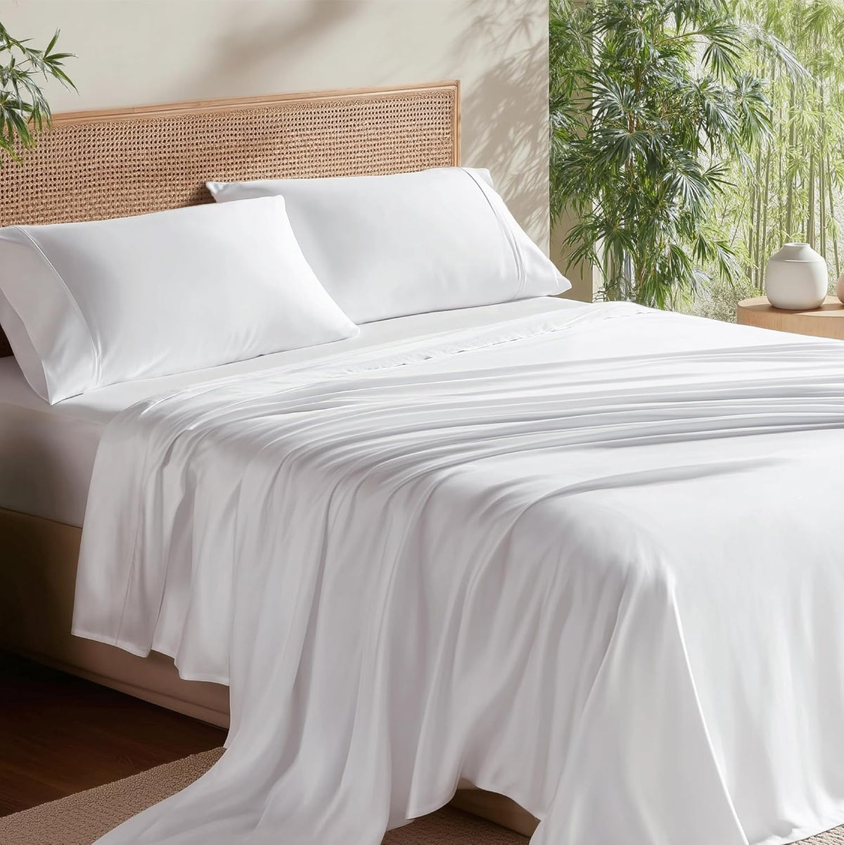 Close-up of white sheets and two pillowcases on a bed with leafy plants in the background