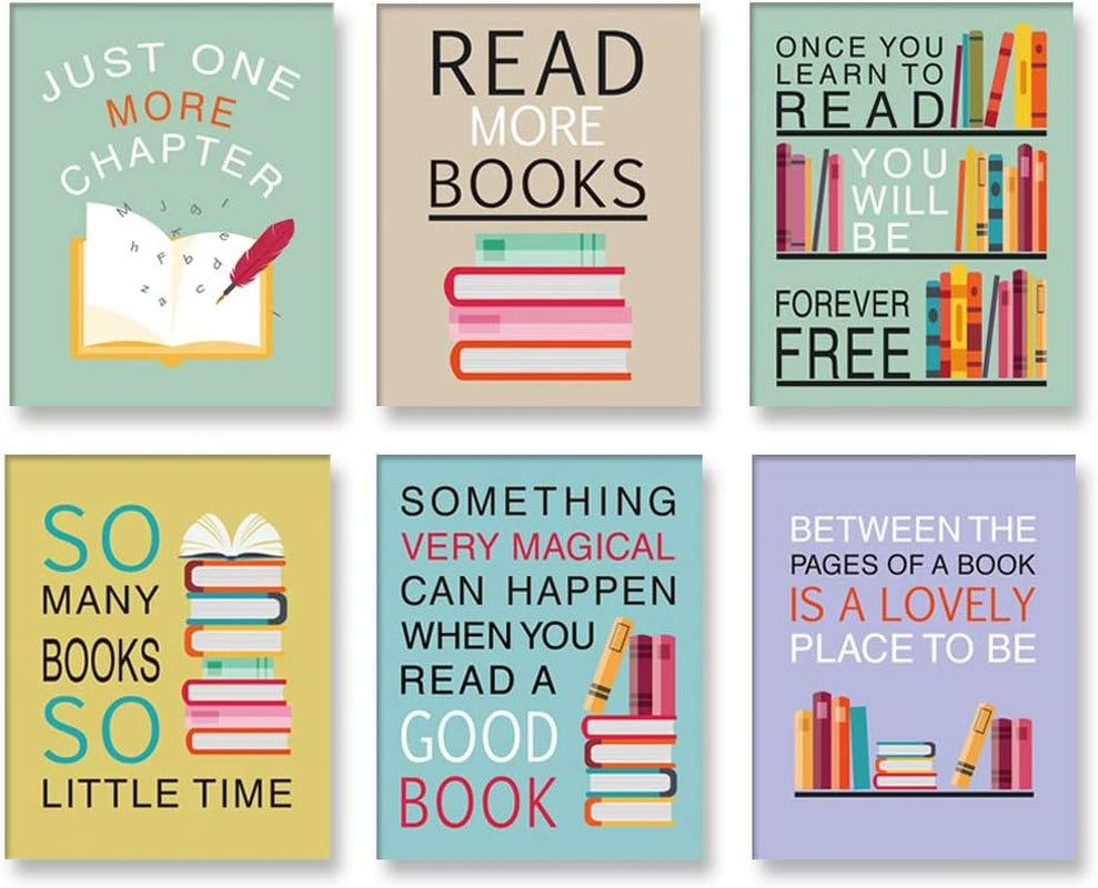 Six colorful book-themed posters showing stacks of books and playful reading-themed illustrations.