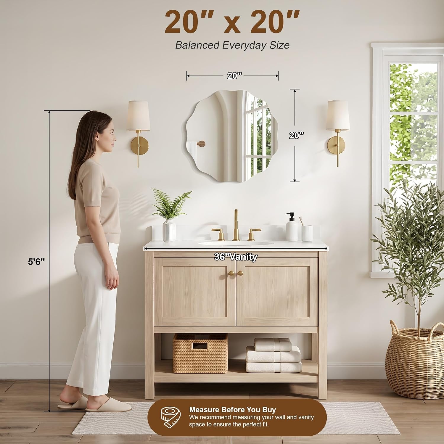 20x20 scalloped mirror above a single-sink vanity shown with model for scale and dimension markings