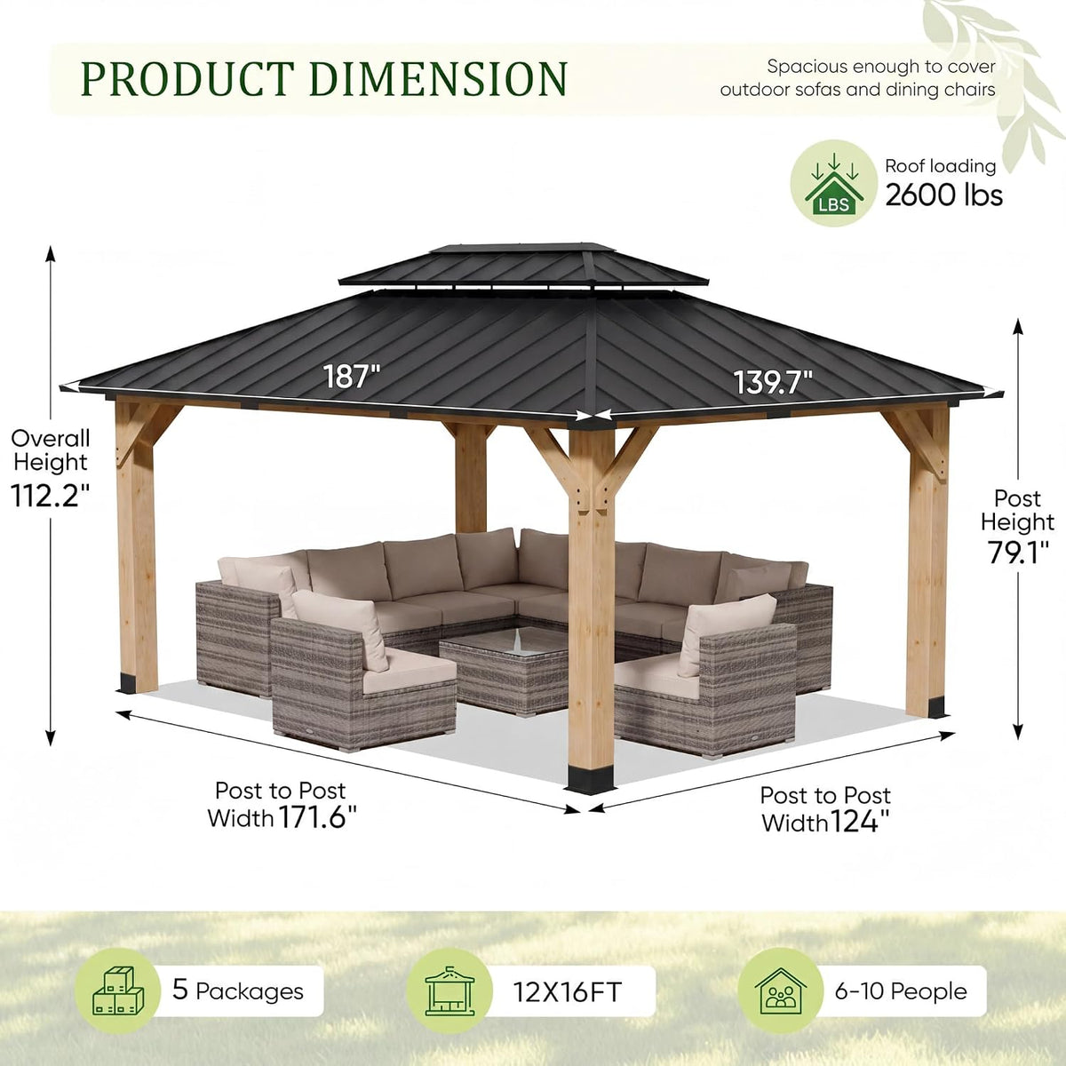 12x16 ft gazebo diagram showing overall height, 187" by 139.7" roof dimensions and post-to-post widths