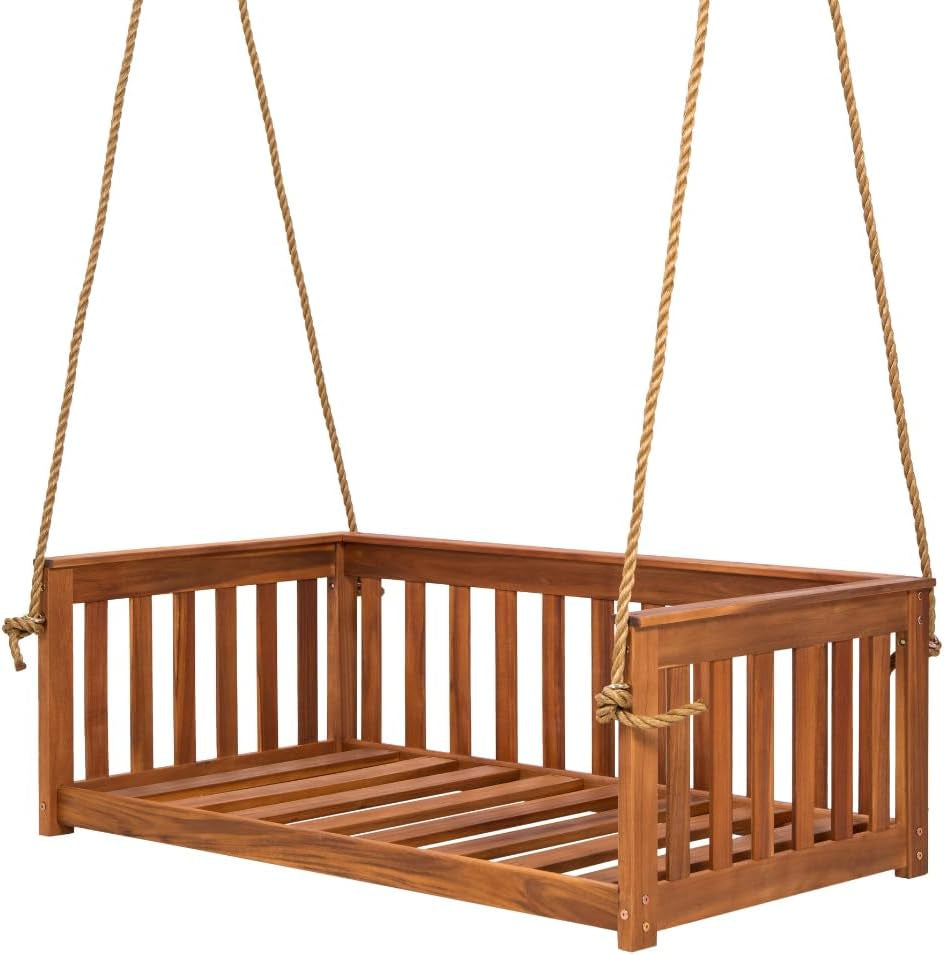 Crib-size acacia daybed swing against white background showing slatted base and hanging rope kit