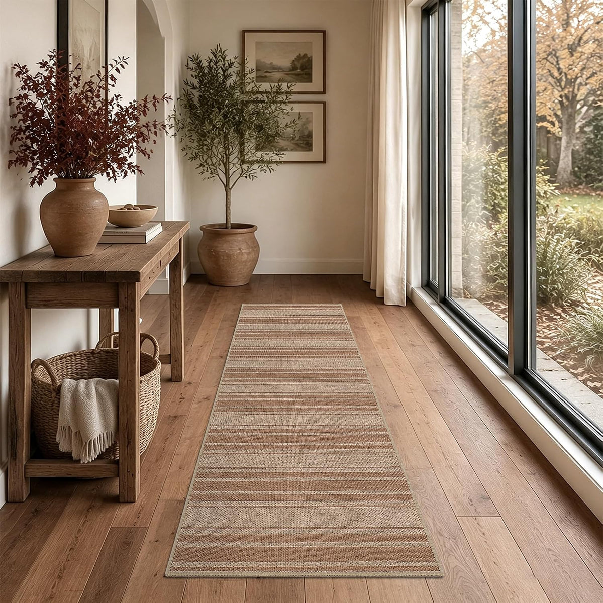 Long striped runner on wood floor beside a console table, basket and tall potted plant by large windows.