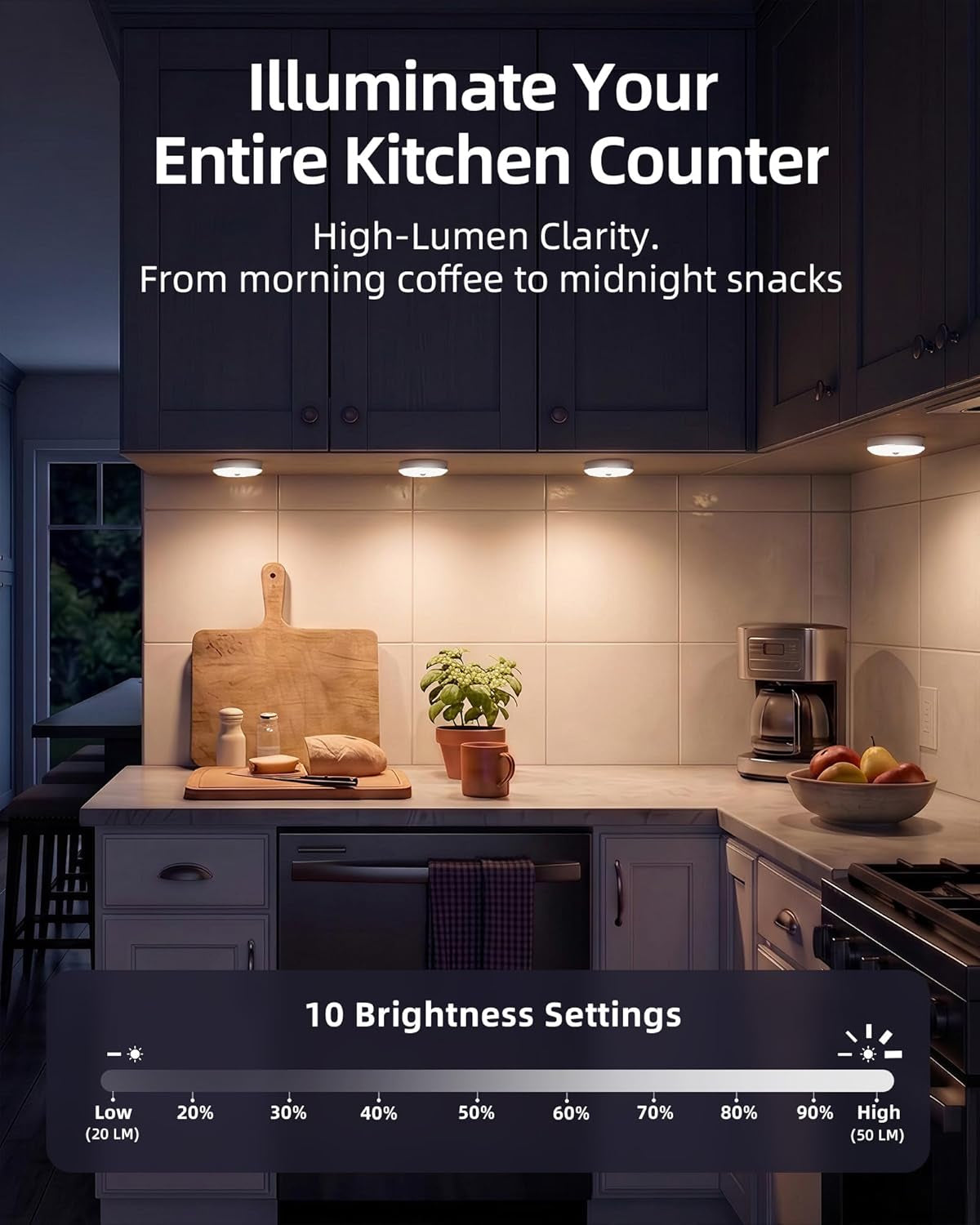 Under-cabinet warm white lighting along a kitchen counter highlighting the workspace and cabinets