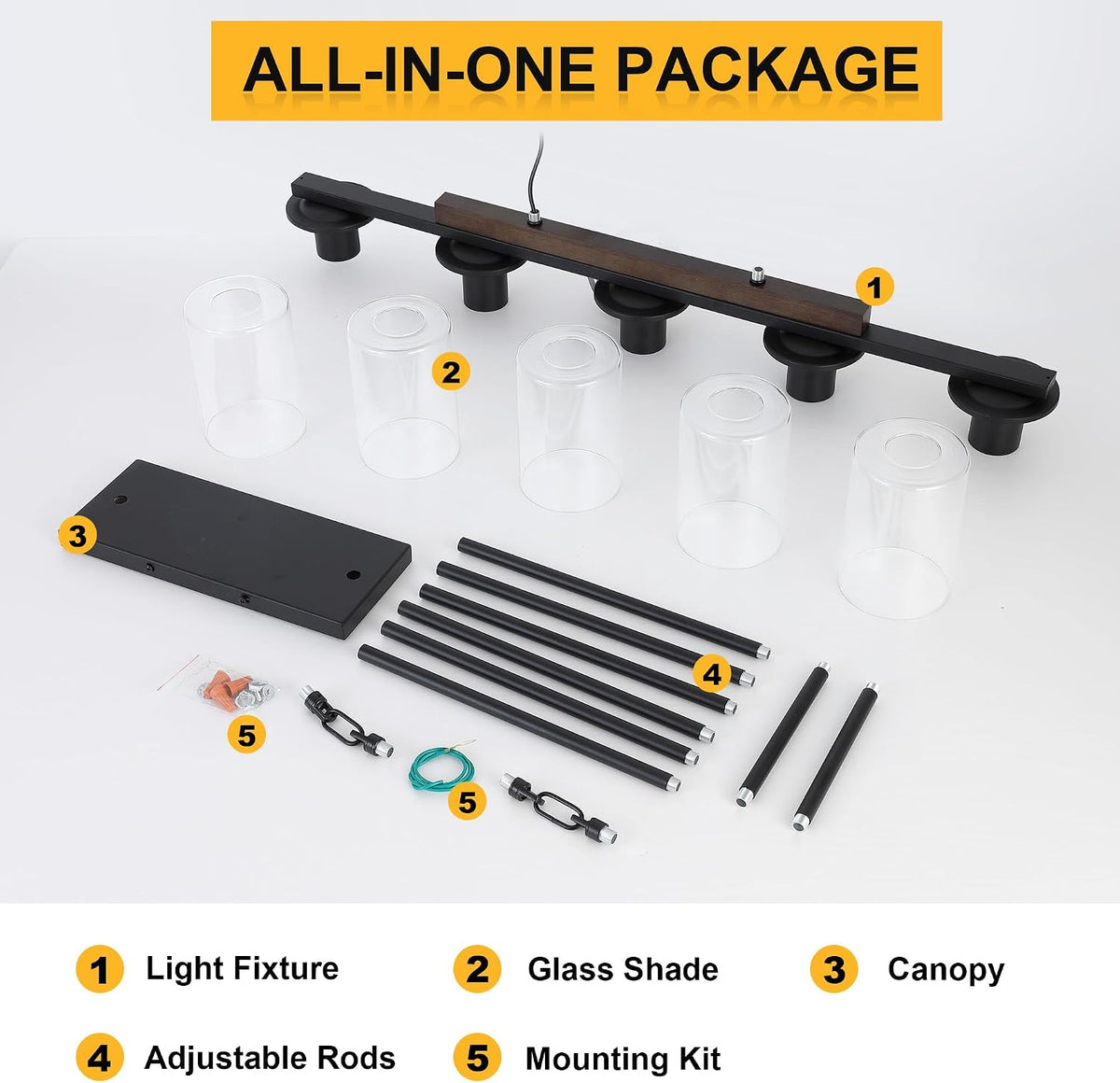 All components laid out on a white background: canopy, five glass shades, multiple black rods and mounting pieces.