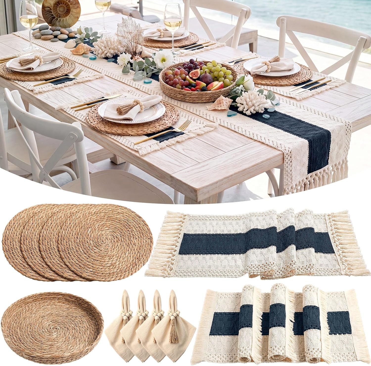 Coastal dining scene with light wood table, woven placemats and cream runner featuring a wide dark stripe down center.
