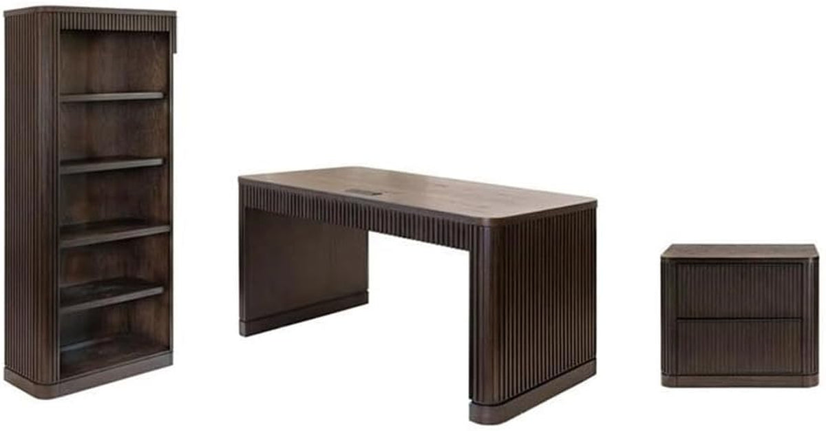 Brown three-piece office set grouped on white background showing desk, two-drawer lateral file and tall bookcase