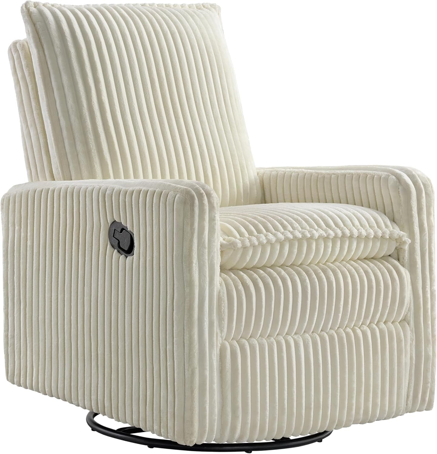 Three-quarter view of a cream ribbed fabric swivel recliner with vertical channeling and visible side recline handle.