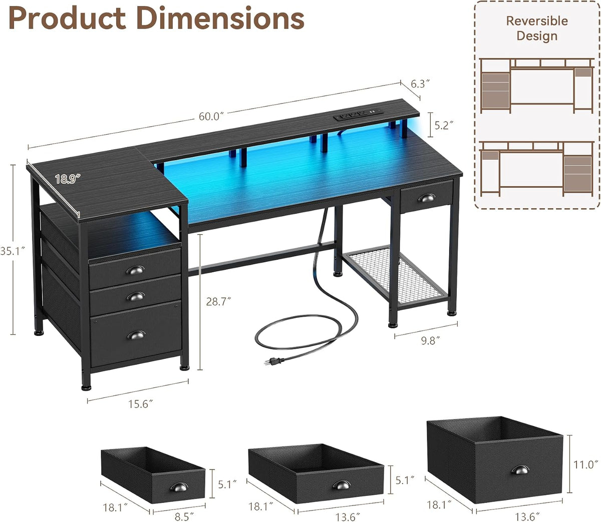 Diagram-style view of the 60" desk with measured dimensions and drawer size illustrations