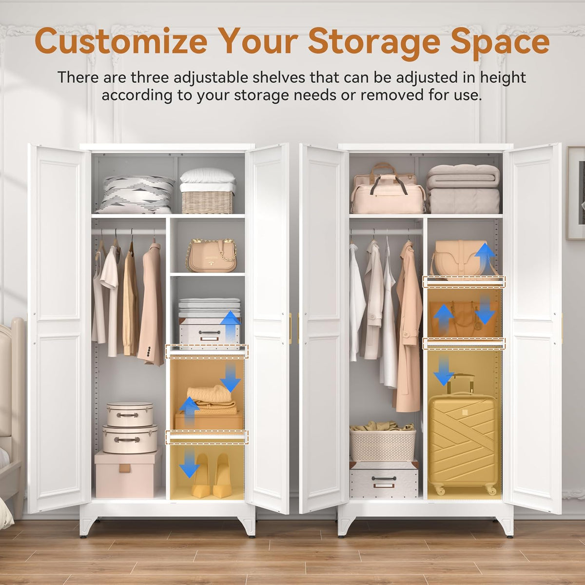 Front view of two open white wardrobe cabinets showing hanging rods, shelves and highlighted adjustable storage sections