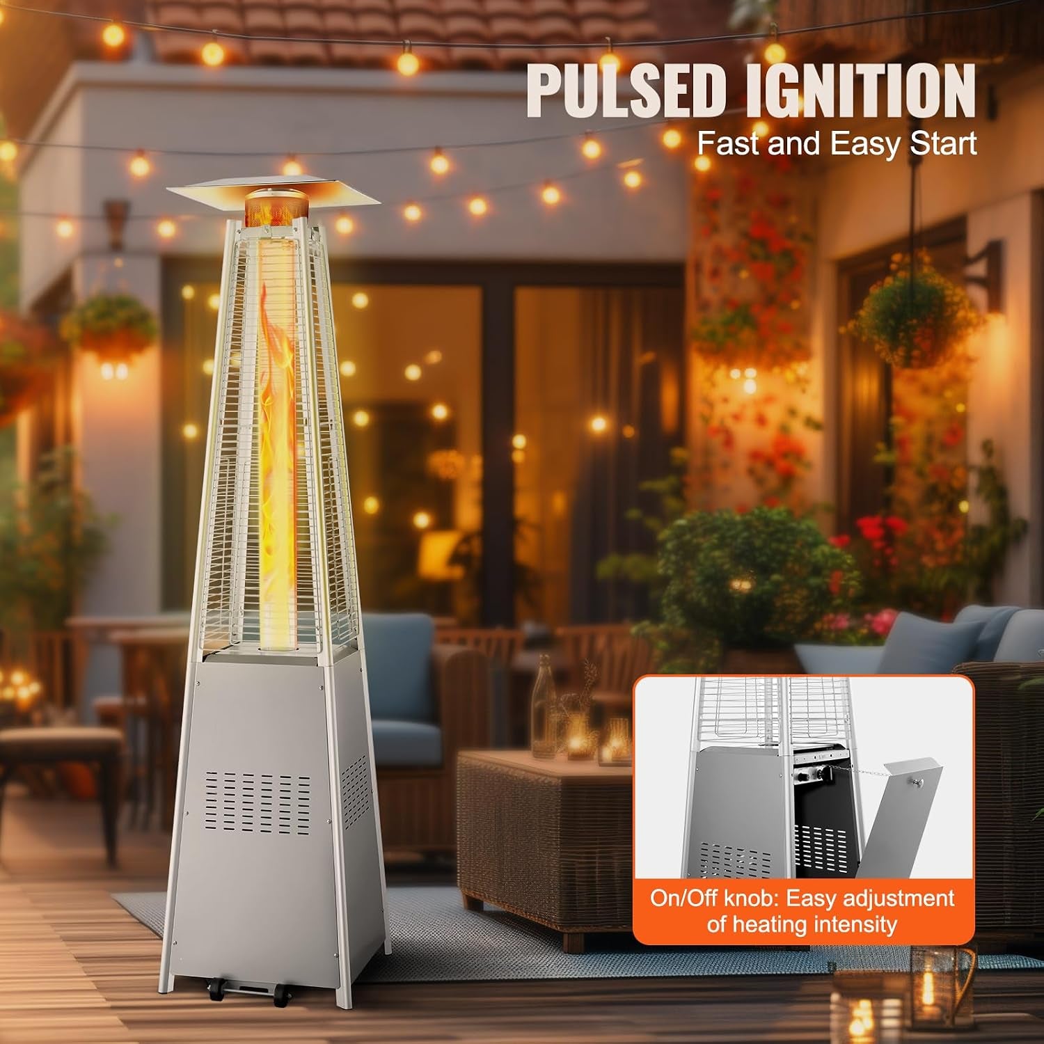 Silver pyramid heater on a patio at dusk with lit flame and inset showing the control access door