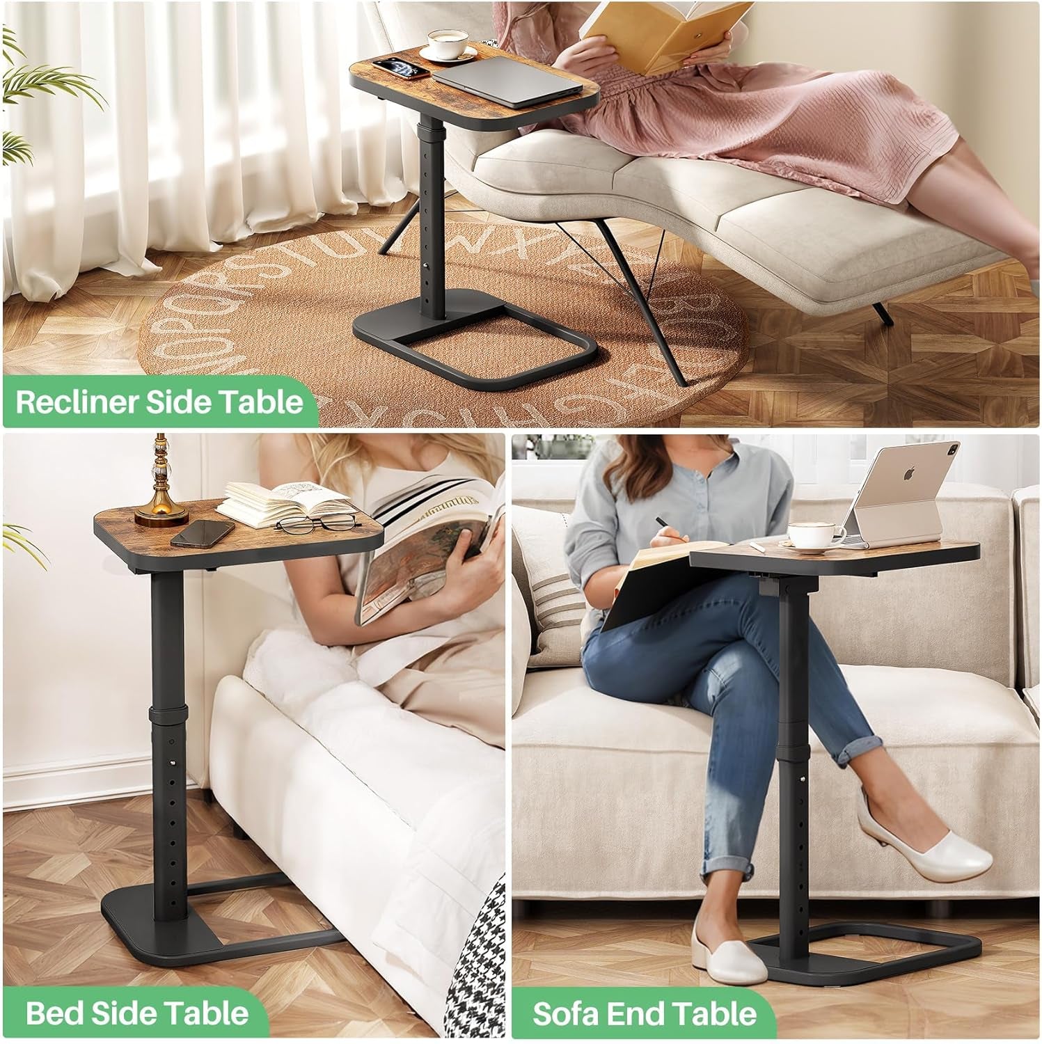Three-view collage showing a C-shaped adjustable side table beside a recliner, bed, and sofa in living spaces.