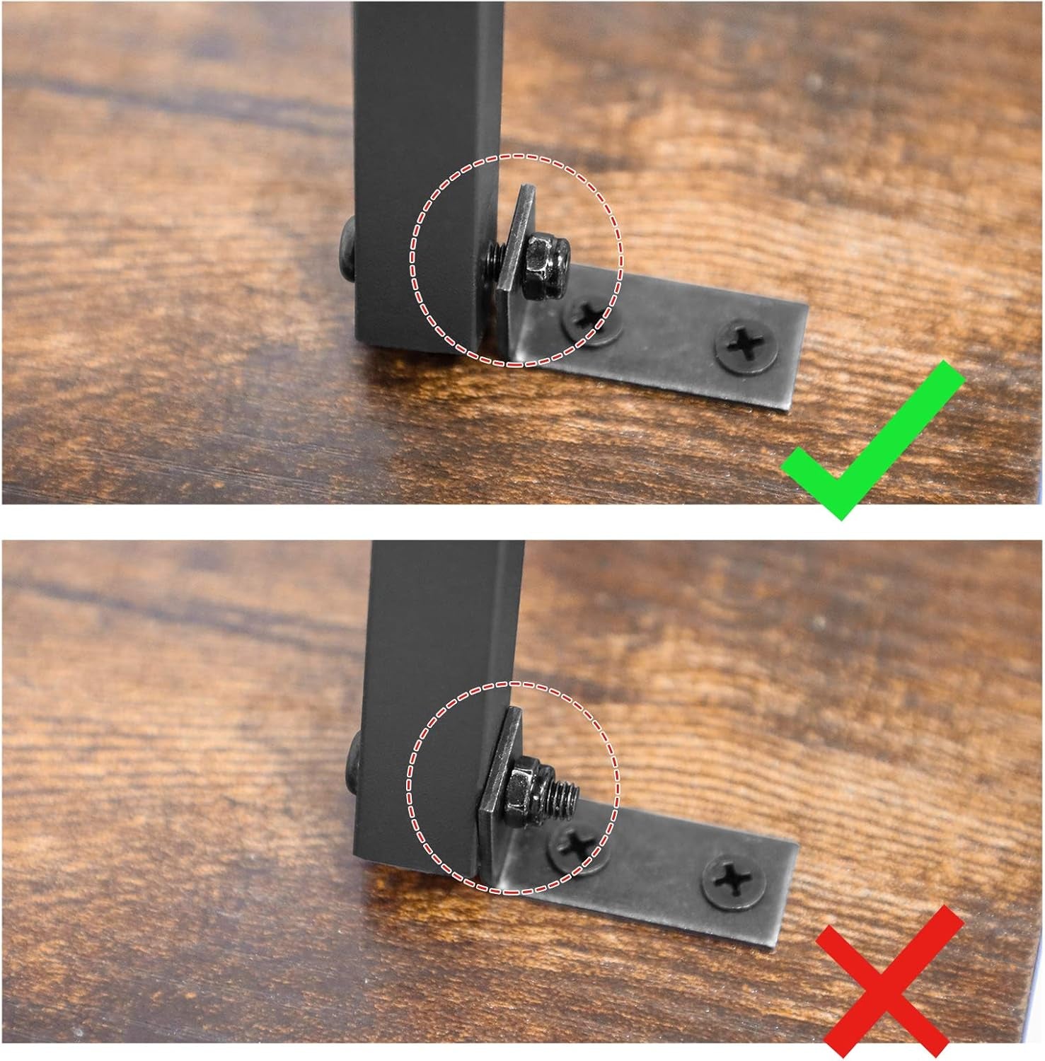Two close-up comparisons of a leg bolt on the wood top showing a correct tightened nut with green check and an incorrect