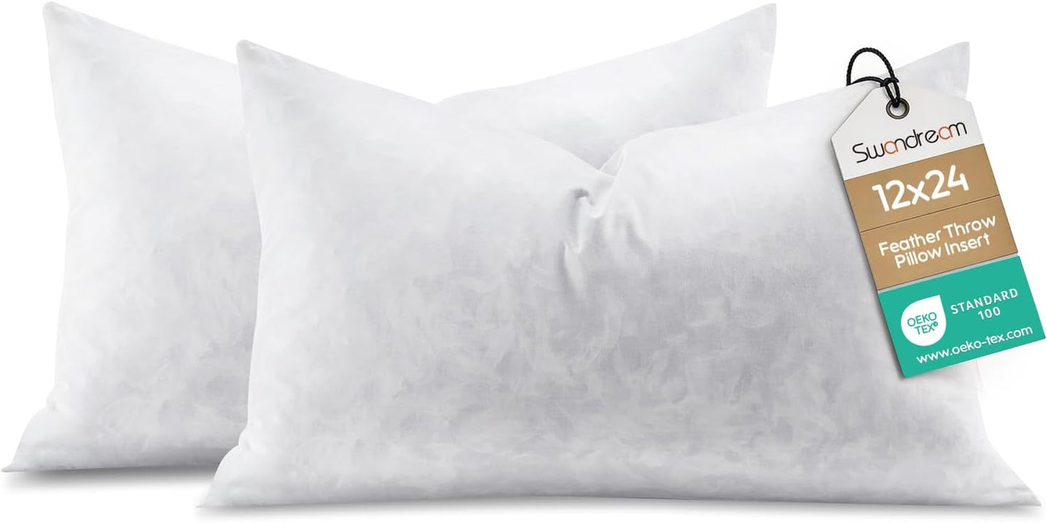 Two rectangular white pillow inserts side by side with a hang tag on the right pillow