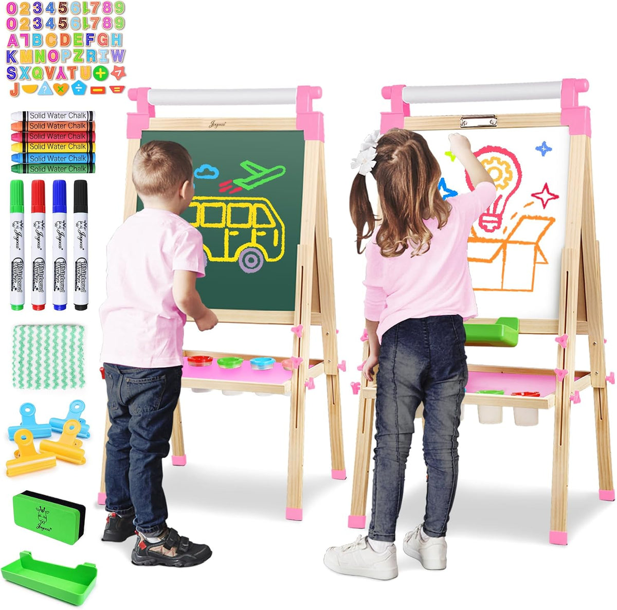 Two children drawing on double-sided wooden easels with pink plastic accents and markers shown.