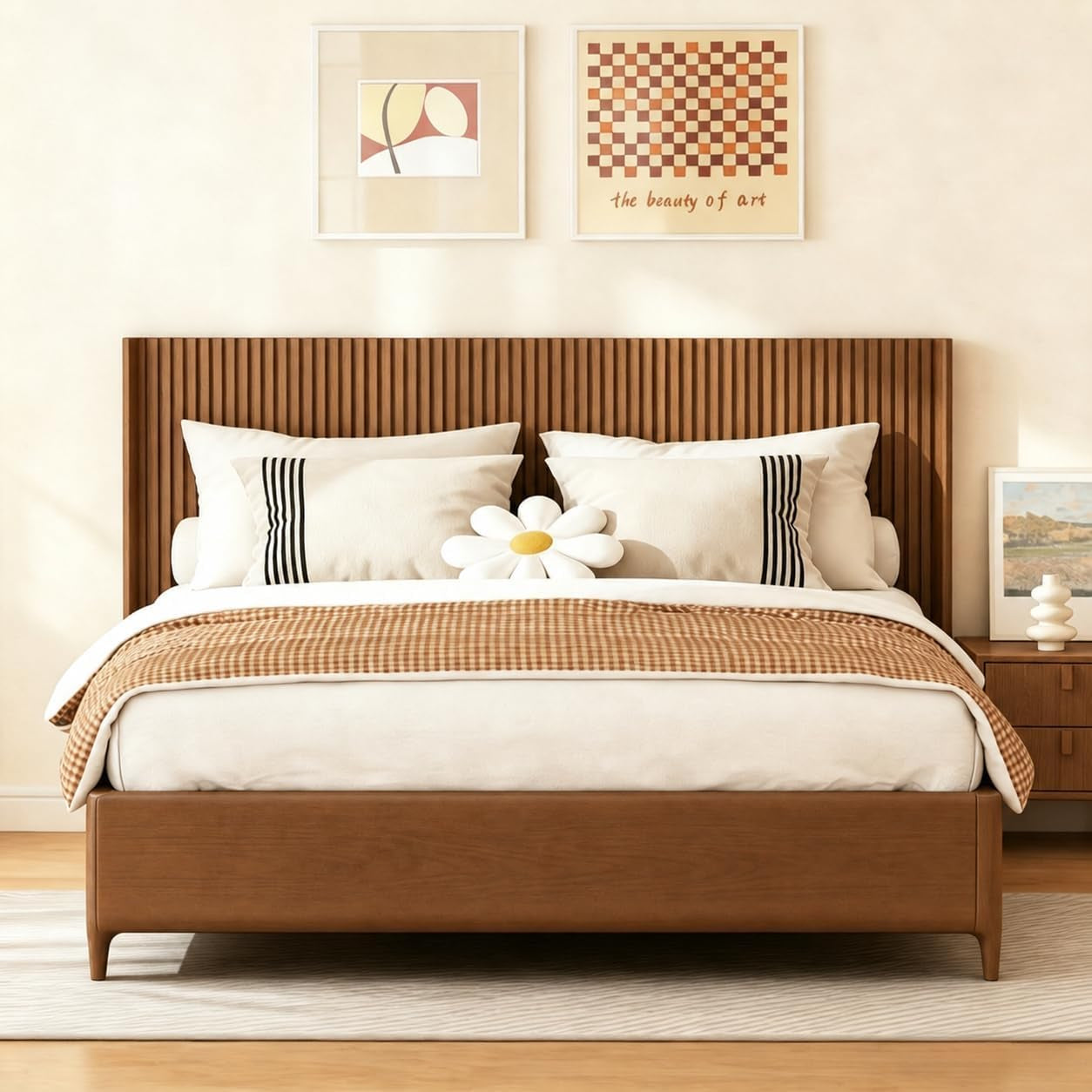 Straight-on front view of fluted wall-mounted headboard installed with a low platform bed and neutral bedding