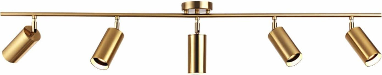 Angled close view of a five-head gold track light showing adjustable cylindrical heads tilted outward