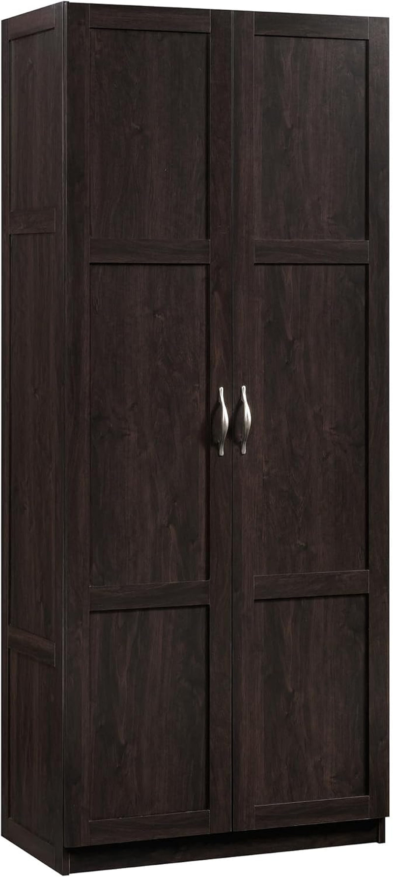Tall dark-finish two-door storage cabinet front view with closed doors and silver handles