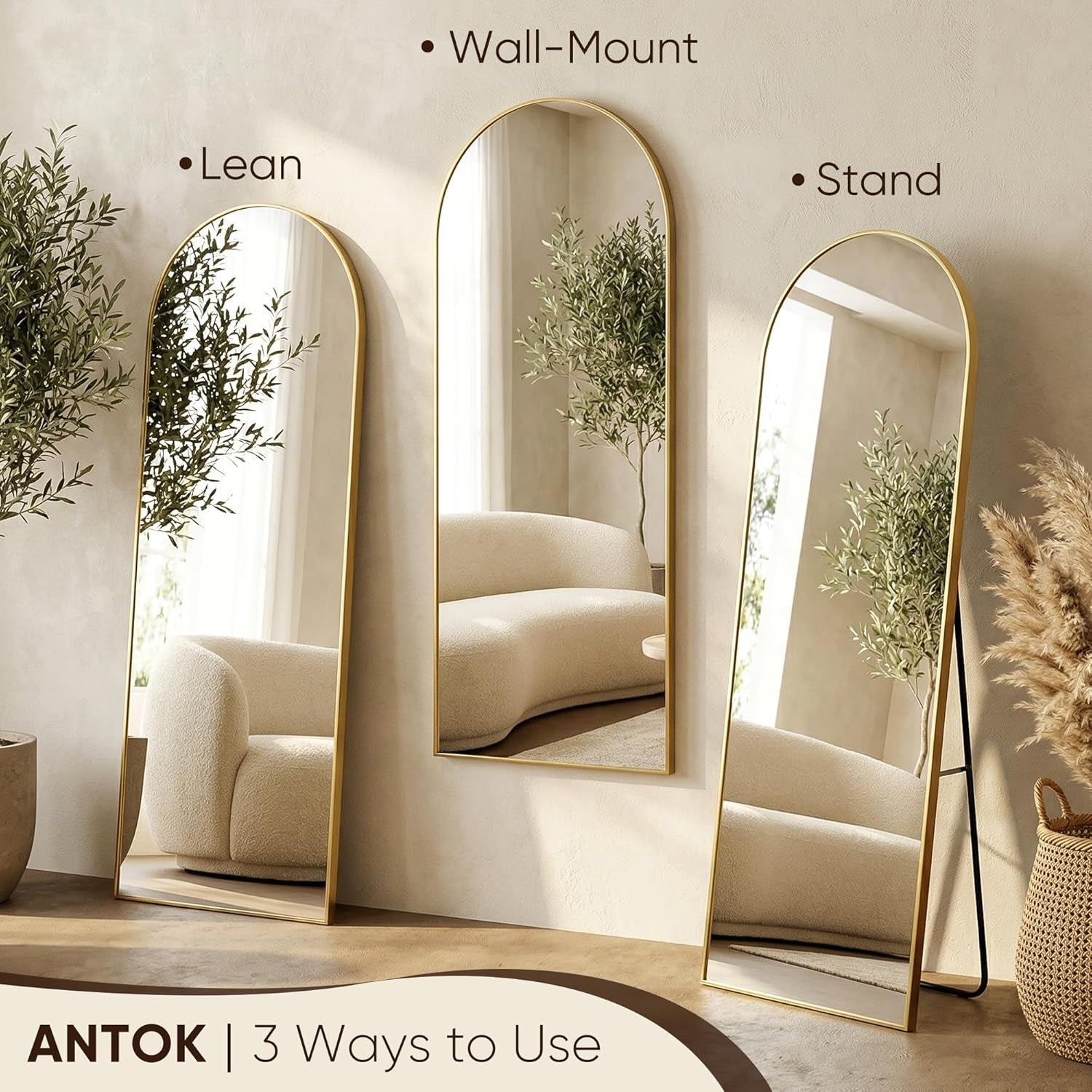 Three gold arched mirrors showing lean, wall-mount, and stand setups side by side against a wall.