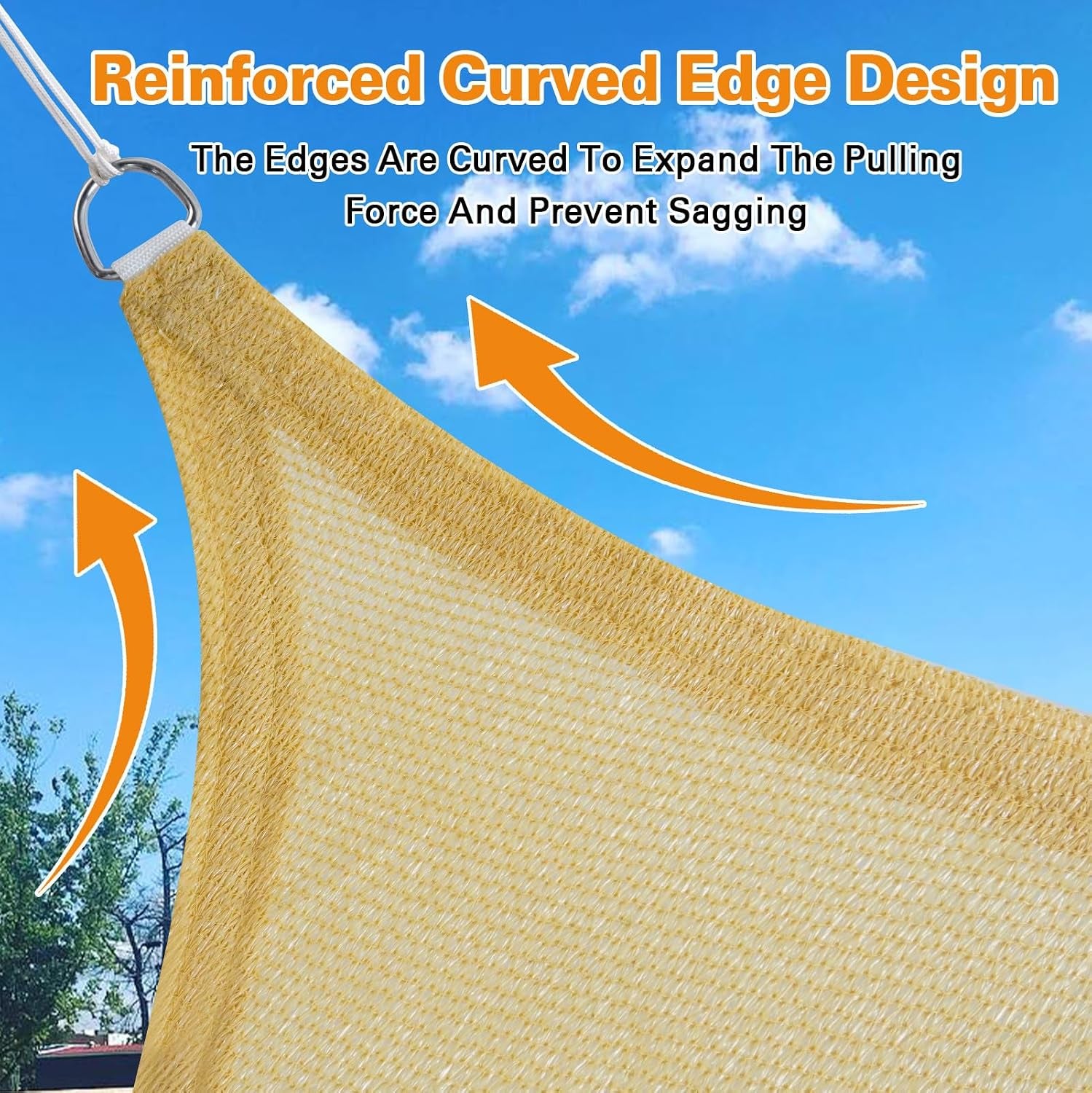 Close-up of a sand sail corner showing woven HDPE texture, curved edge and a stainless steel D-ring attachment