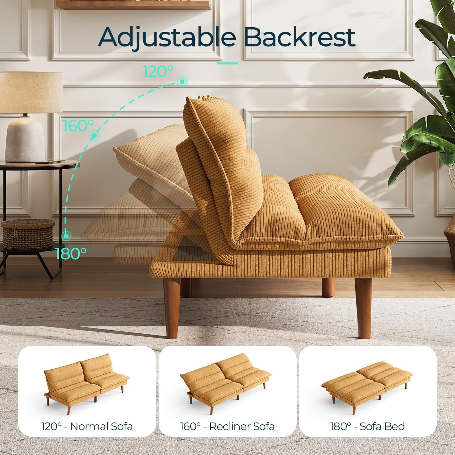Side profile showing adjustable backrest positions at 120°, 160°, and 180° on yellow corduroy futon