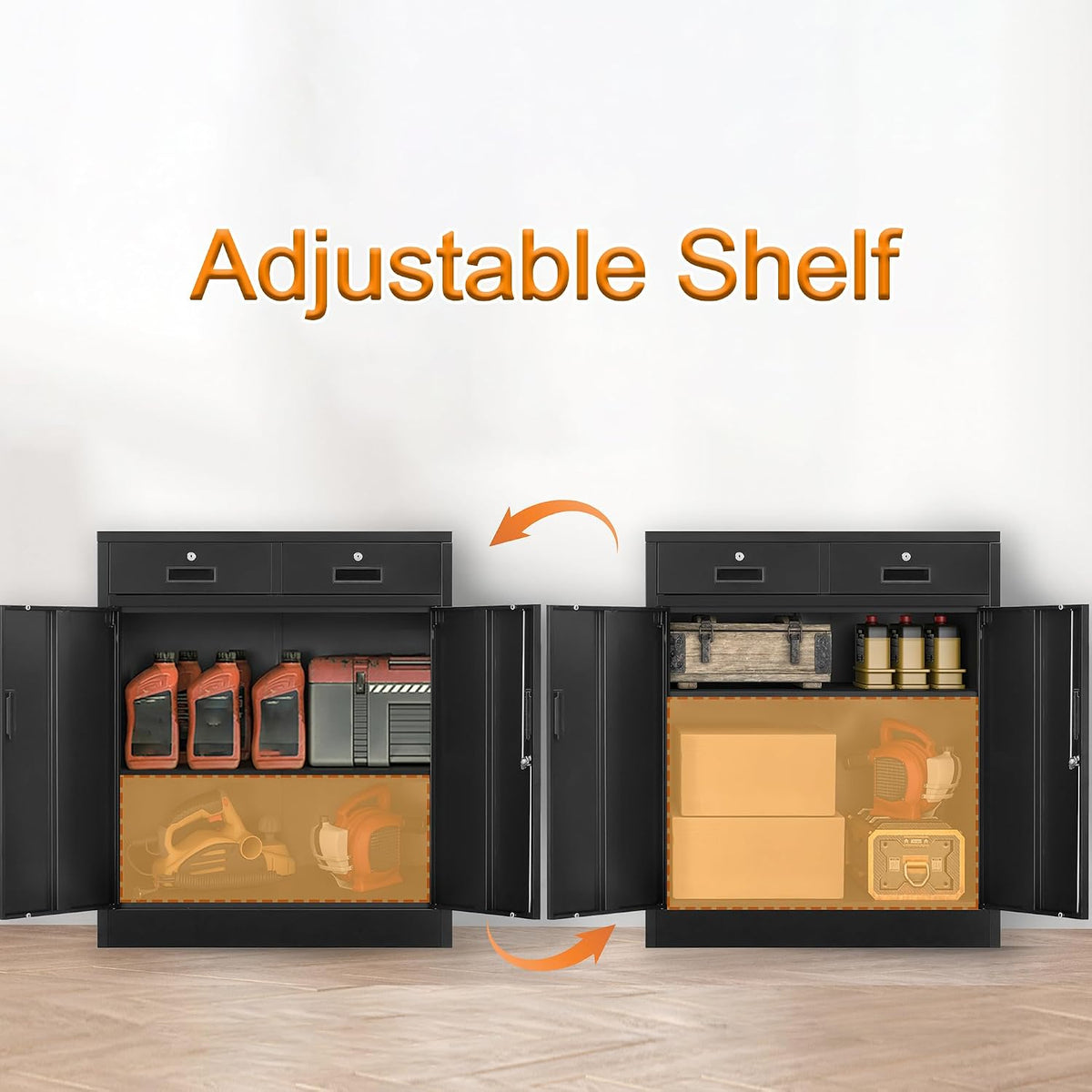 Two black cabinets side‑by‑side with orange overlay and arrows highlighting the adjustable lower shelf area