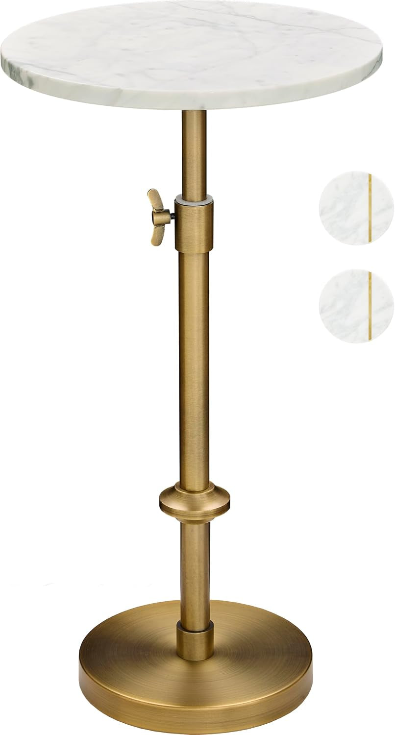 Studio view of round white marble top drink table on an adjustable antique brass pedestal, adjustment knob visible.