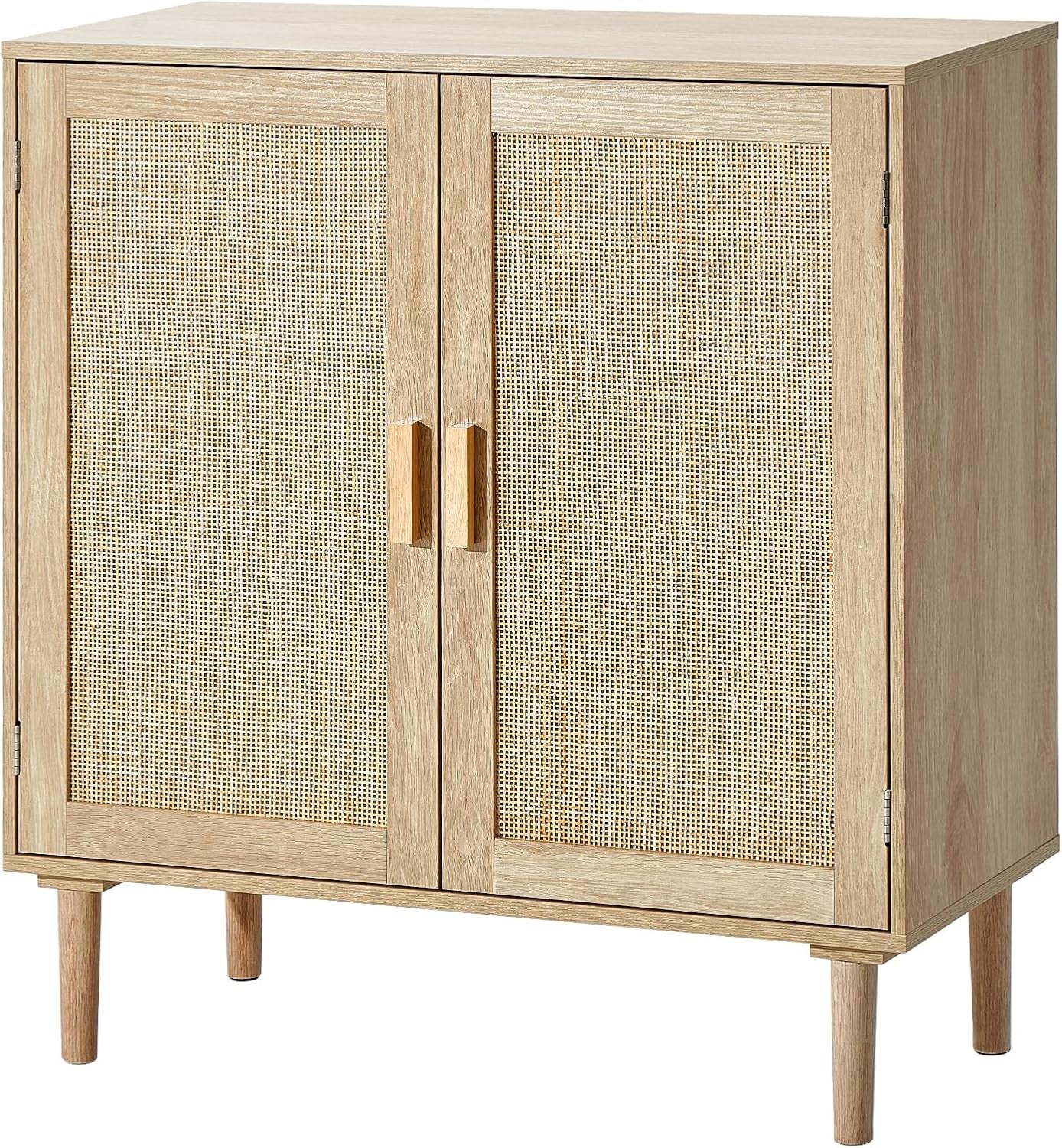 Front view of a natural wood cabinet with two rattan-front doors, wooden handles and four tapered legs.