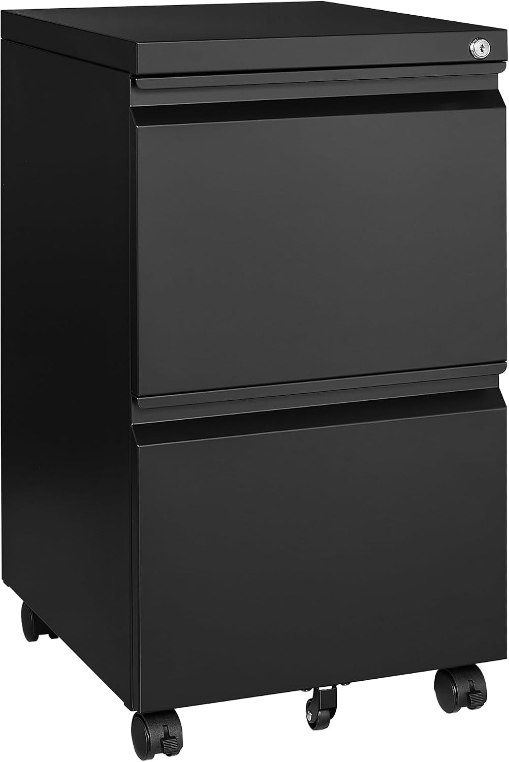 Black three-drawer mobile file cabinet shown angled front-on, highlighting the top lock and casters