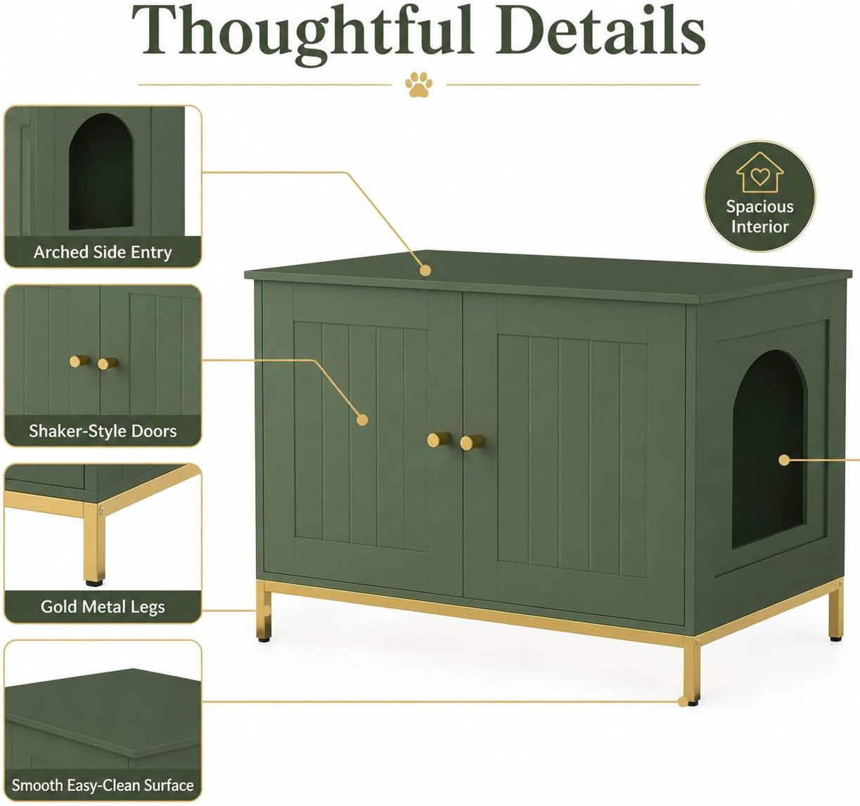 Front three-quarter view of the green cabinet with callout boxes pointing to the arched side entry, shaker-style doors, gold