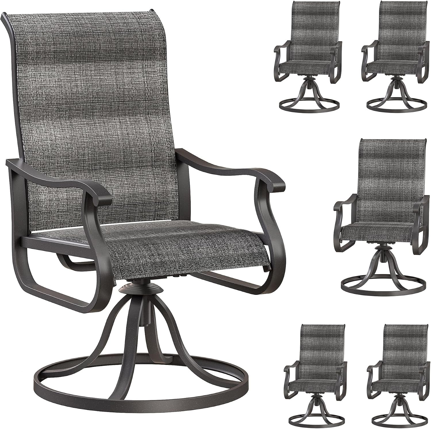 Large gray-textilene swivel patio chair at left with four smaller inset images of the same gray chair at right