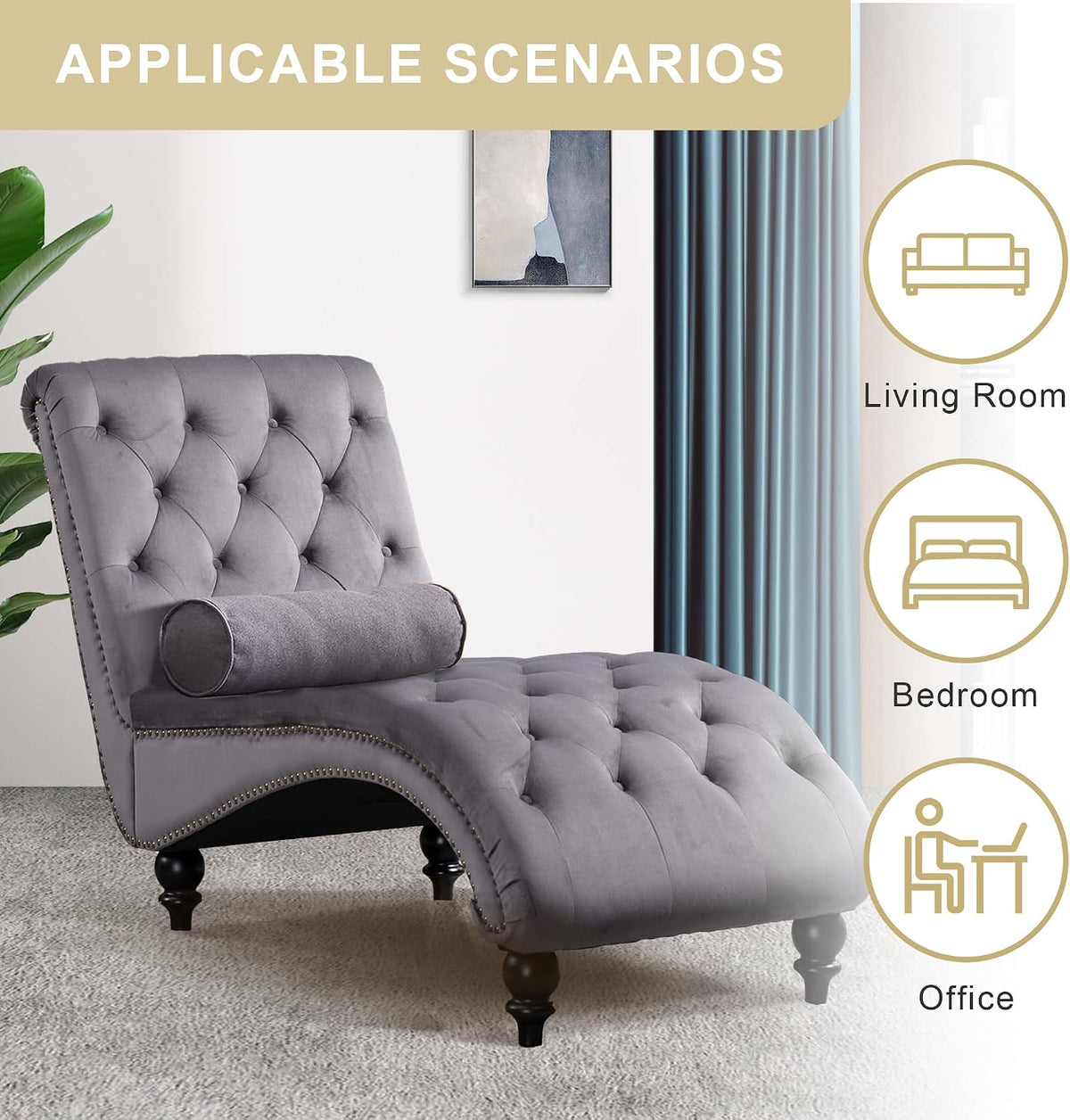 Light grey tufted S-shape chaise with bolster on a light rug, blue curtains and a leafy plant nearby