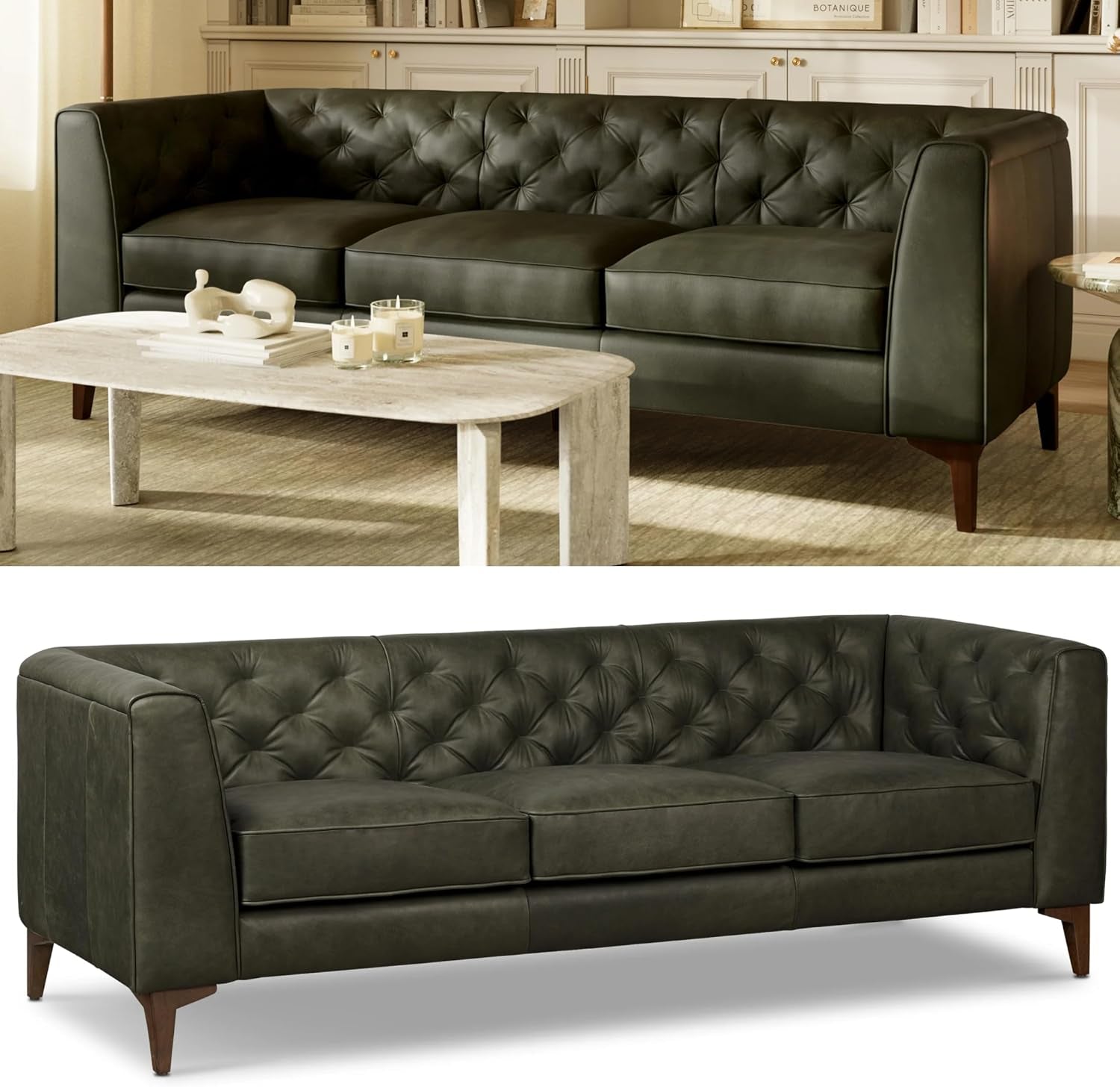 Poly & BARK Essex 89” Full-Grain Italian Leather Sofa – Tufted Back, Feather-Down Comfort, Solid Wood Frame, Olivine Green