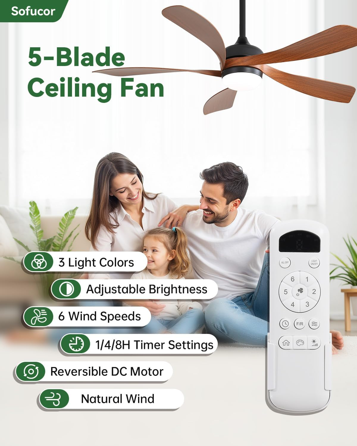 Ceiling fan overhead in a living room with a remote control graphic and callouts for adjustable brightness, speeds and timers