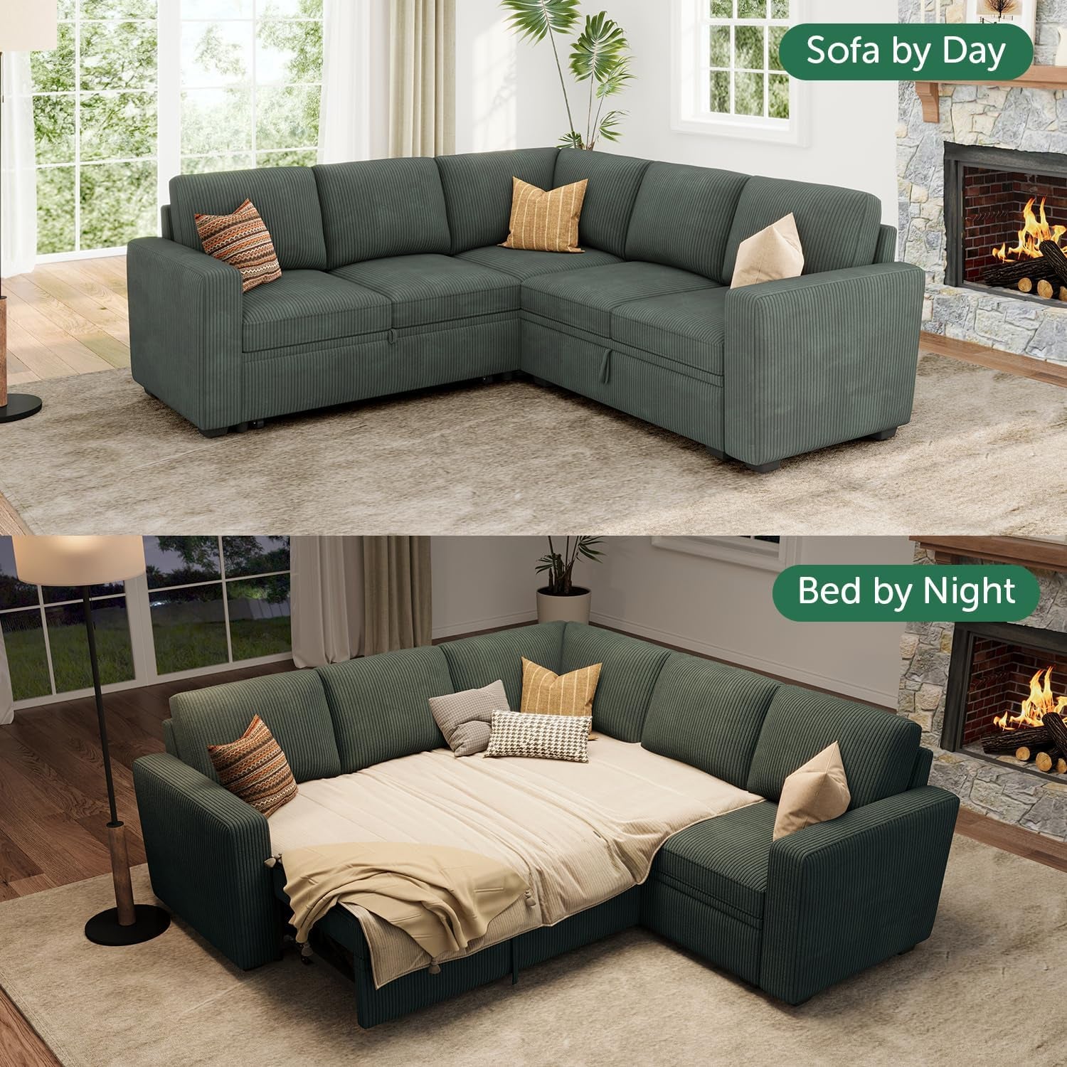 Modular Sectional Sleeper Sofa with Pull Out Bed, Corduroy L Shaped Couch with Storage, Sectional Couches for Living Room, Green