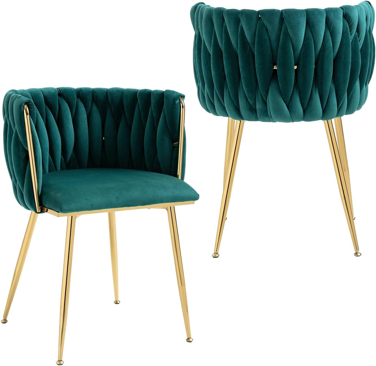 Two emerald green velvet chairs shown front and rear to highlight quilted back and gold legs