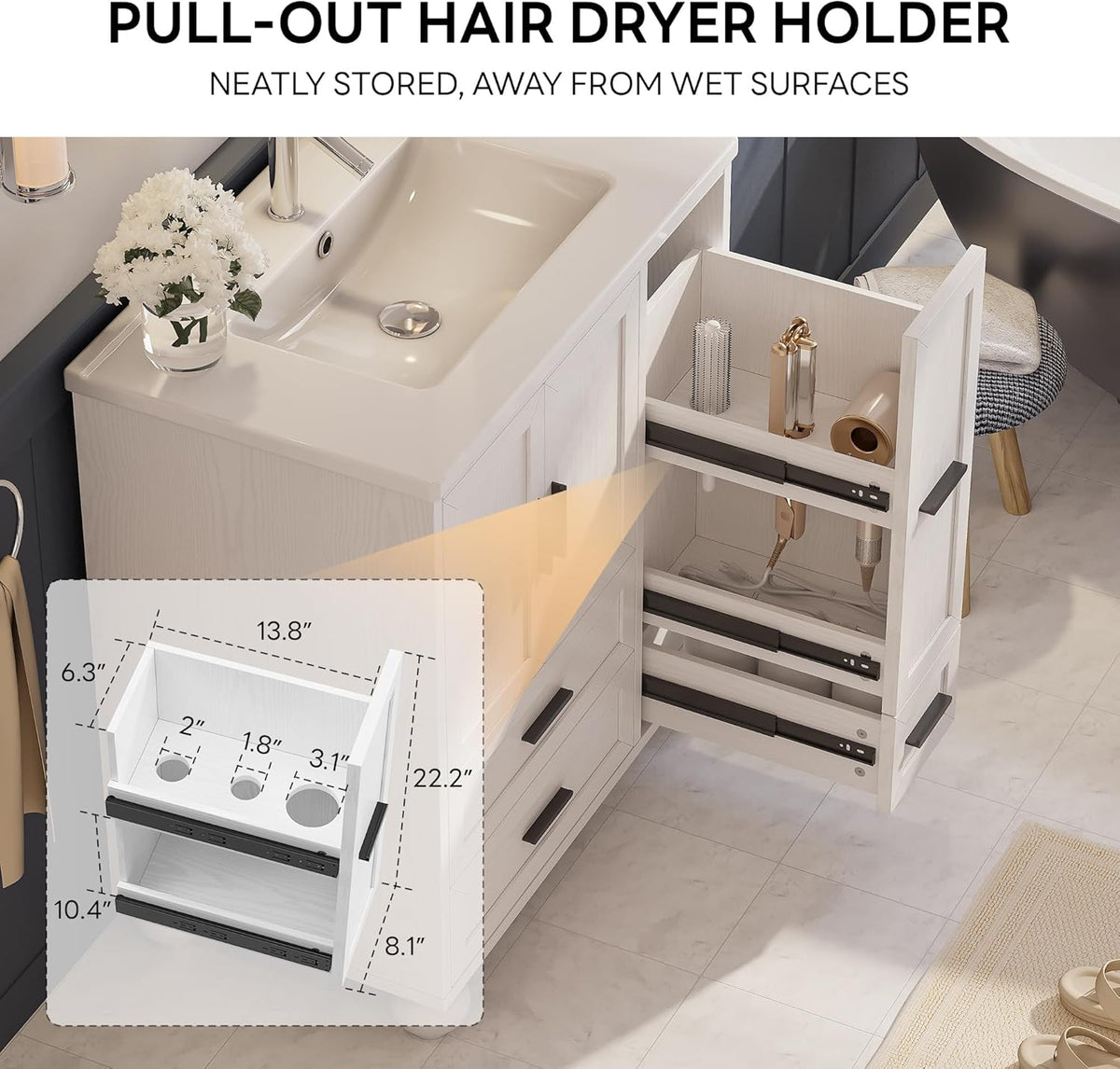 Extended pull-out hair-tool organizer from the vanity showing dedicated holders and drawer slides
