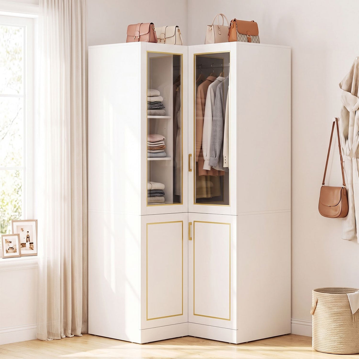 White corner wardrobe with gold trim and glass-front upper doors, styled with clothes and accessories in a bright room.