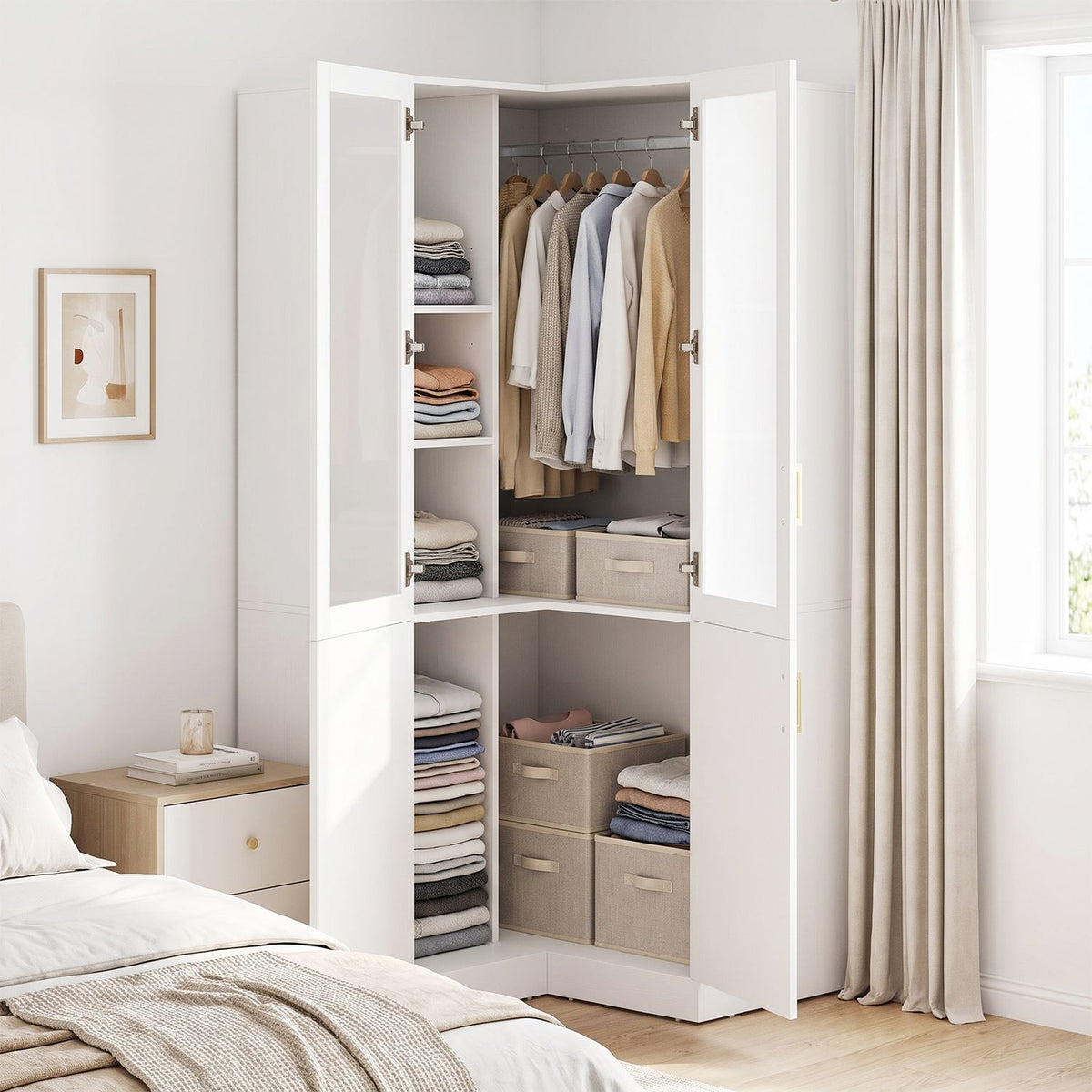 Open white corner wardrobe showing hanging clothes, folded garments, and storage bins beside a bedroom.
