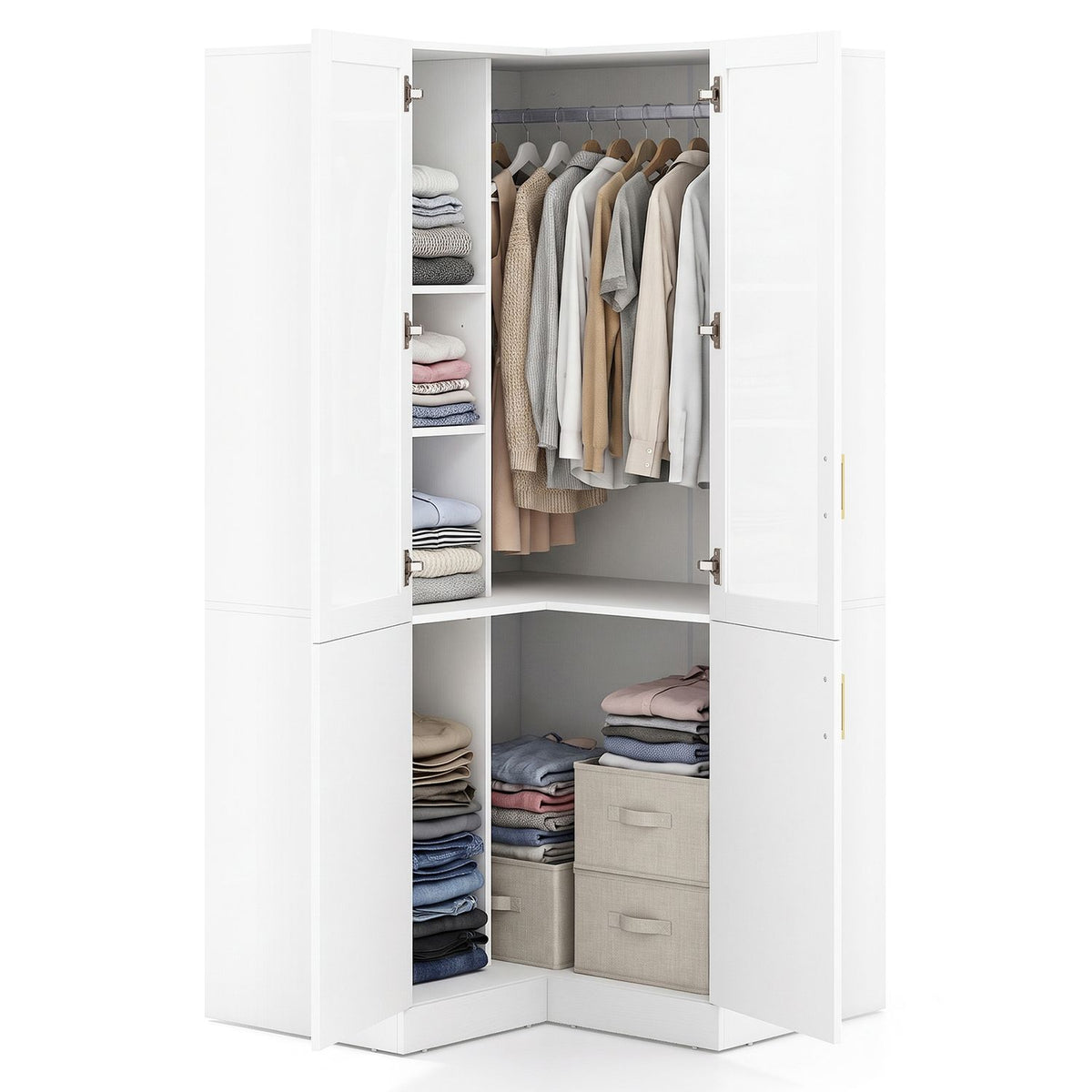 Open corner wardrobe against a white background, with clothes on a rail, folded stacks, and fabric bins inside.